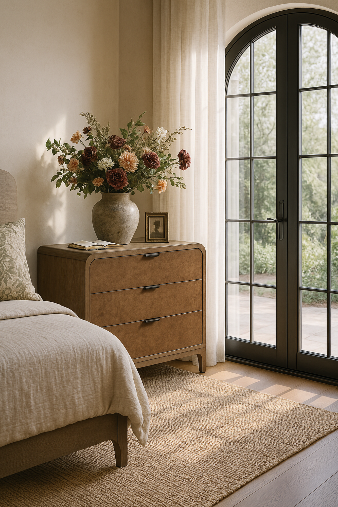 Brown Wooden 3 Drawer Room Dresser with Natural Wood Grains and Black Handles