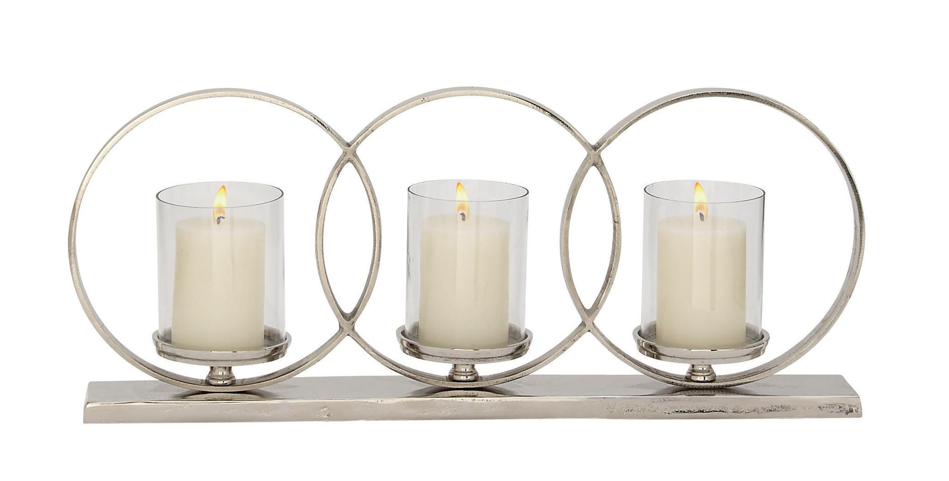 Geometric Silver Aluminum Metal Overlapping Rings Pillar 3 Plate Decorative Candelabra