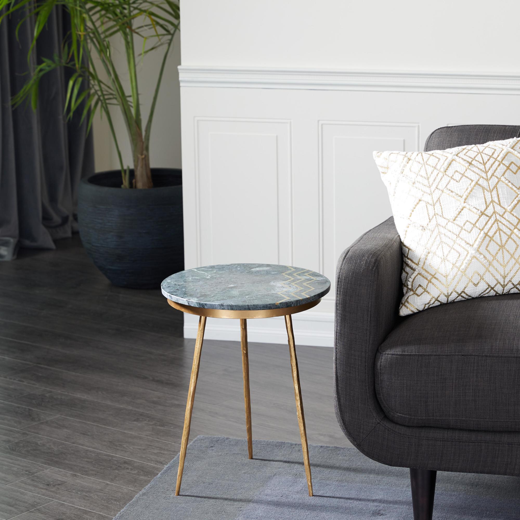 Green Marble Side End Accent Table with Gold Metal Tripod Legs and Zig-Zag Detail