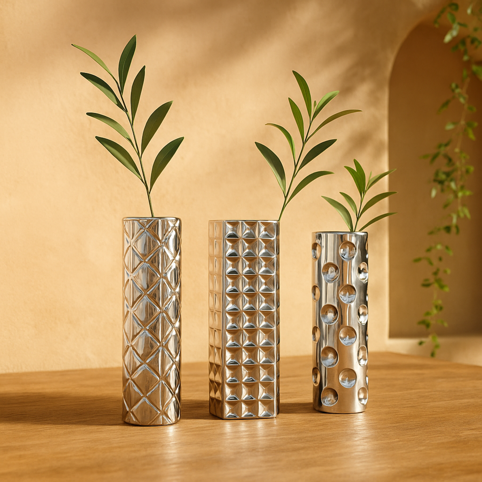 Set of 3 Geometric Silver Ceramic Decorative Vase with Varying Patterns