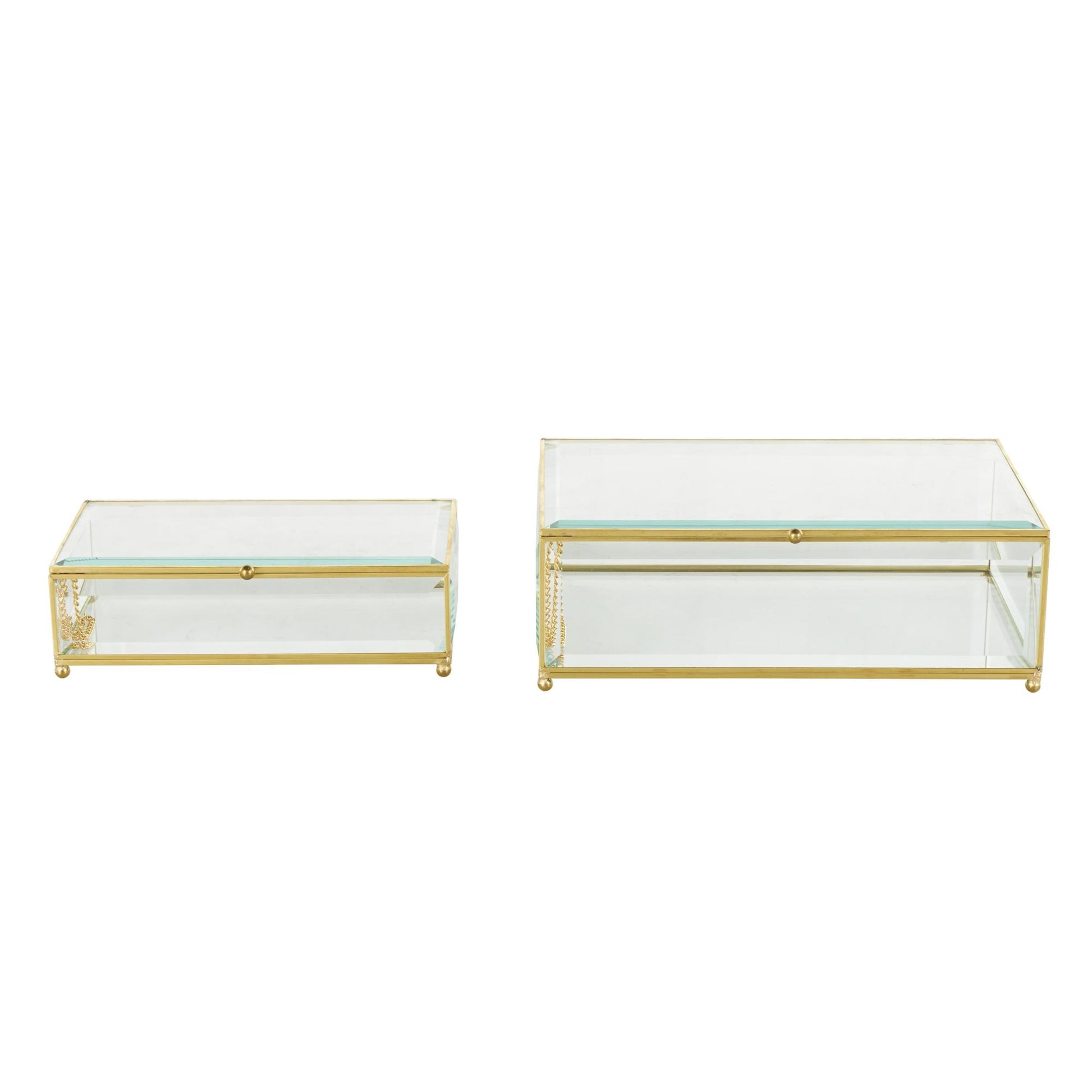 Set of 2 Clear Glass Beveled Decorative Jewelry Box with Gold Metal Frame and Chain Accent