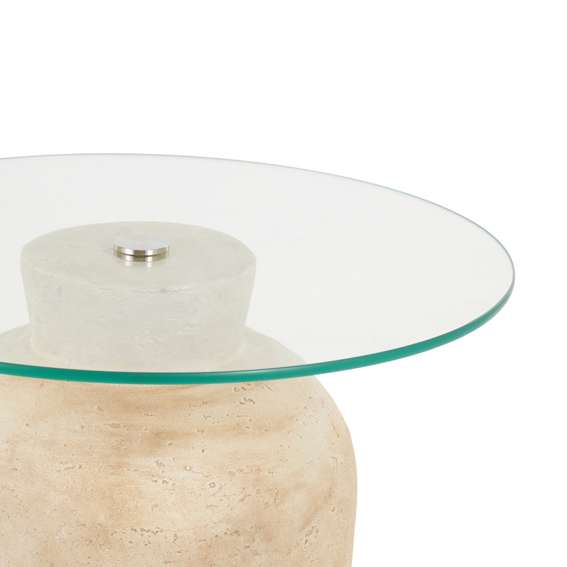 Set of 2 Beige Magnesium Oxide Side End Accent Table with Tempered Glass Tabletop