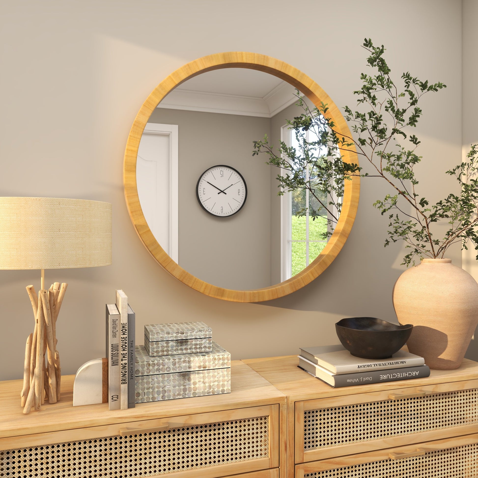 Brown Wood Room Wall Mirror with Natural Wood Grains