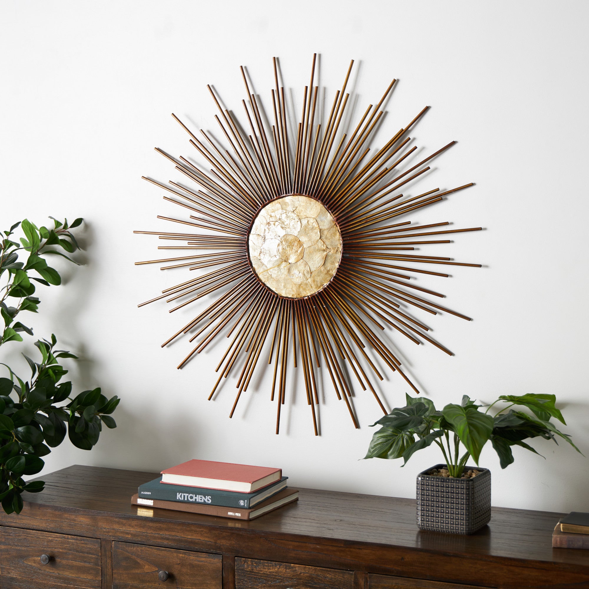 Sunburst Copper Metal Home Wall Decor with Cream Capiz Shell Center