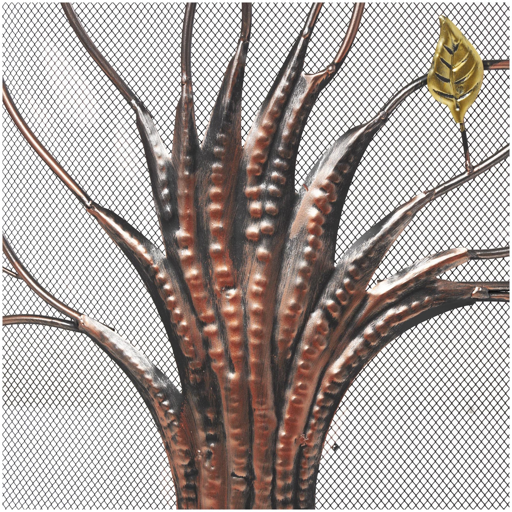 Tree Bronze Metal Sculpted Relief Single Panel Living Room Fireplace Screen with Curved Mesh Netting