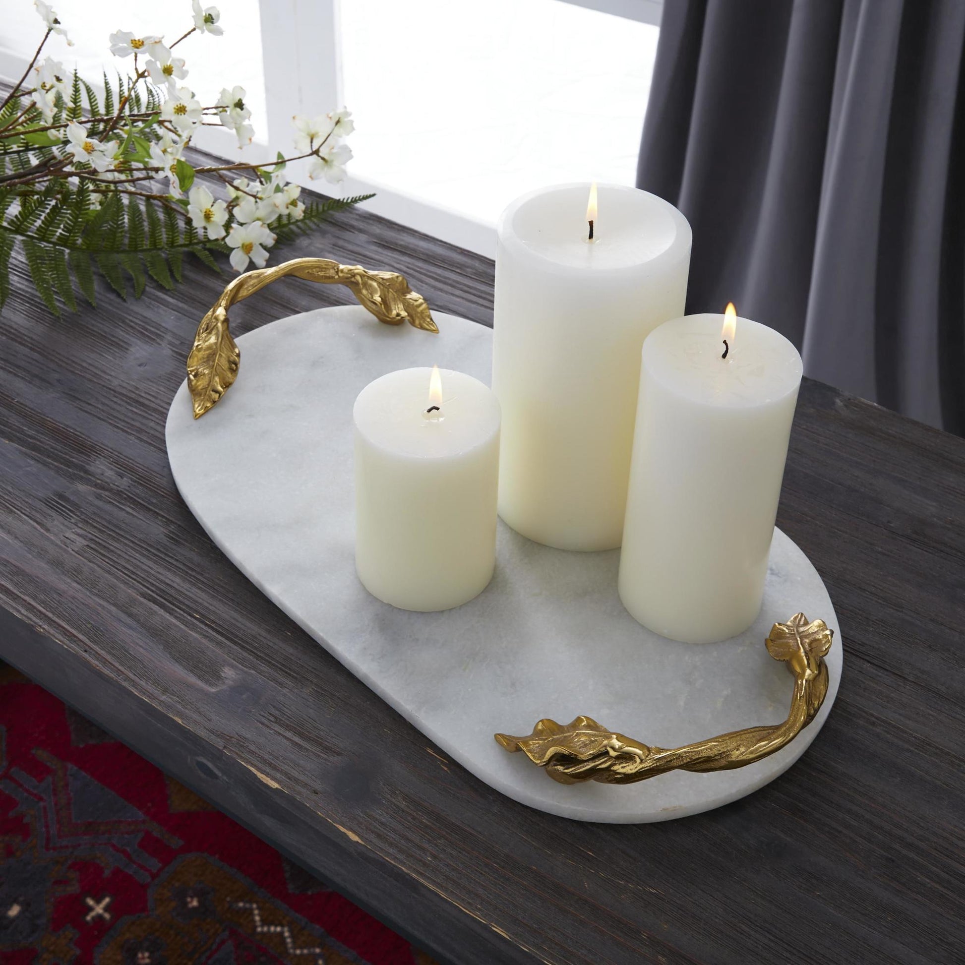Leaf Marble Oval Living Room Decor Tray with Gold Twisted Metal Handles