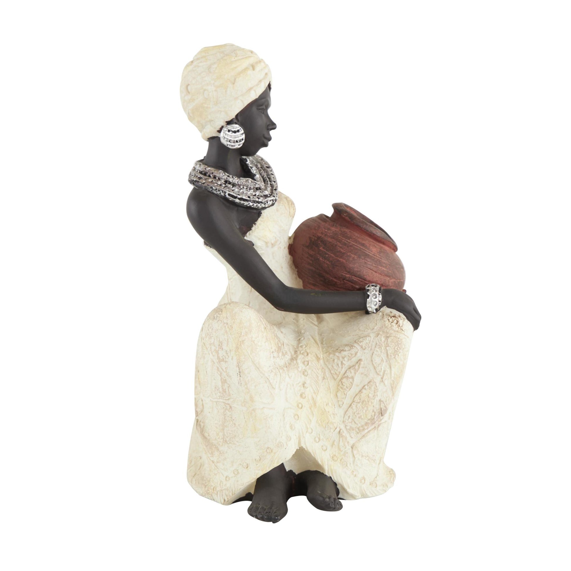 Woman Cream Polystone Sitting African Decorative Sculpture with Red Water Pot
