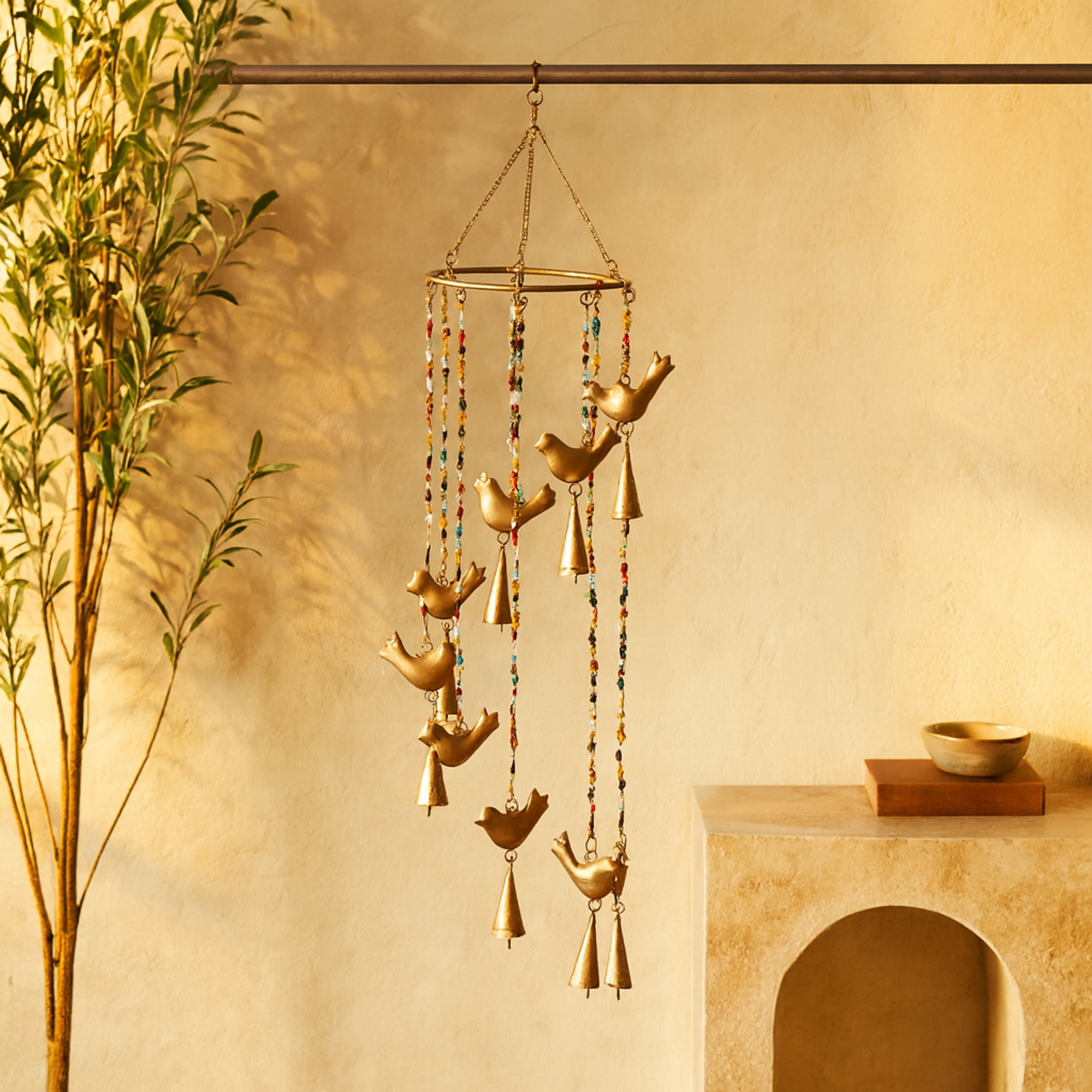 Bird Gold Metal Handmade Indoor Outdoor Windchime with Glass Beads and Cone Bells