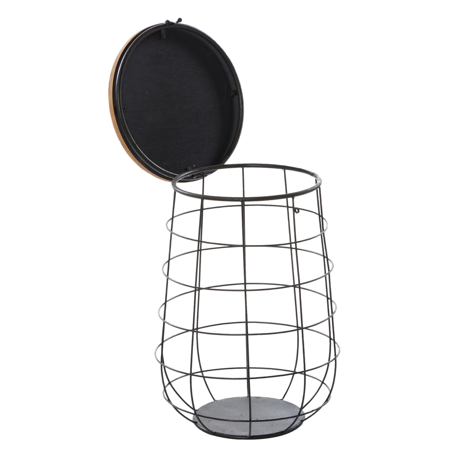Set of 3 Black Metal Caged Decorative and Functional Storage Basket with Wooden Lift Top Lids