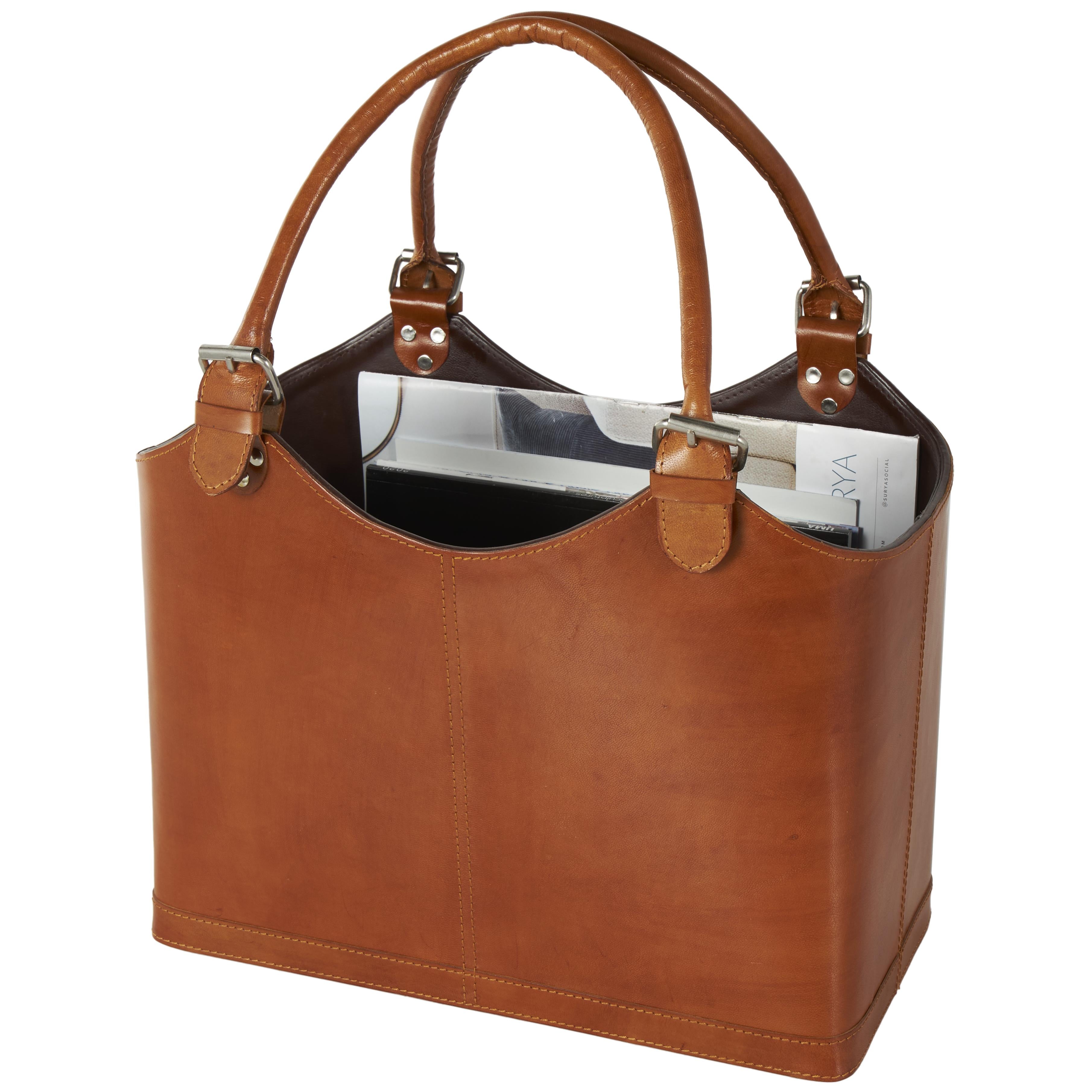 Leather Handmade Box Style Decorative Magazine Holder with Detail Stitching and Curved Buckle Handles