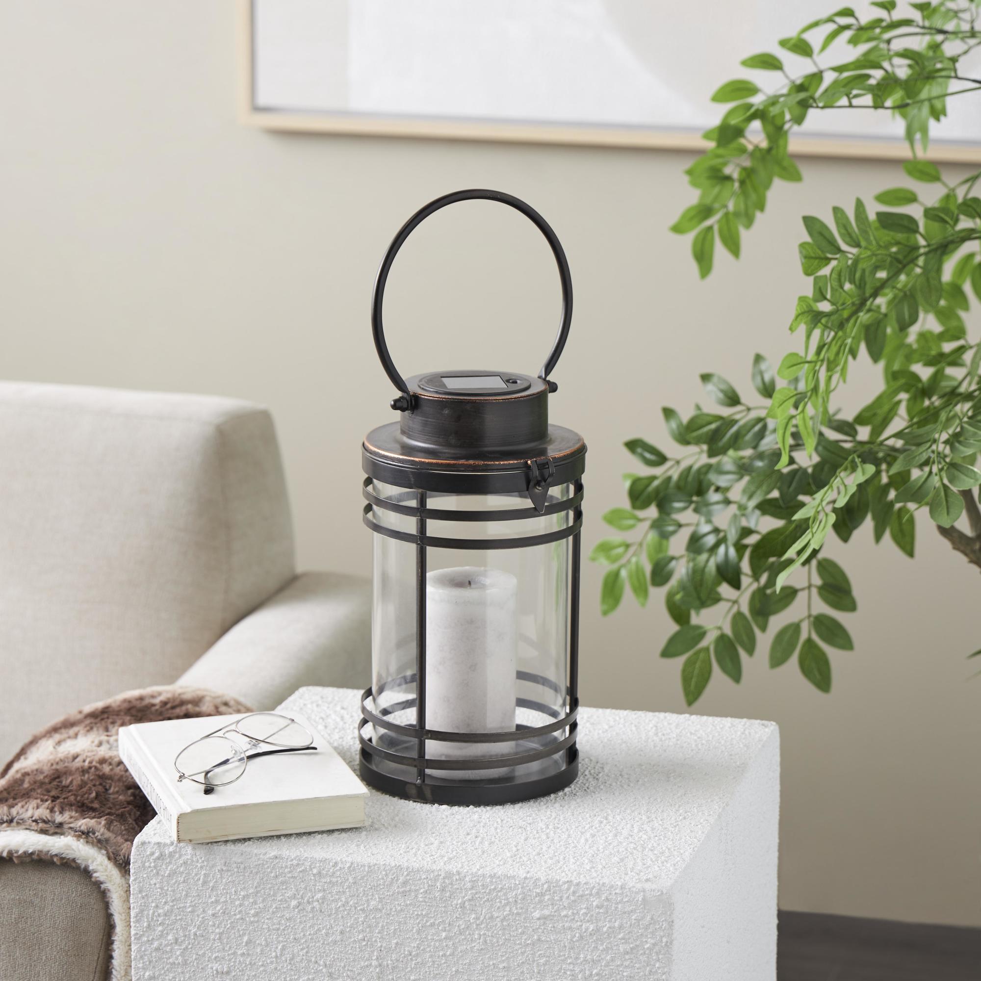 Black Metal Indoor Outdoor Candle Lantern with Round Circle Lines