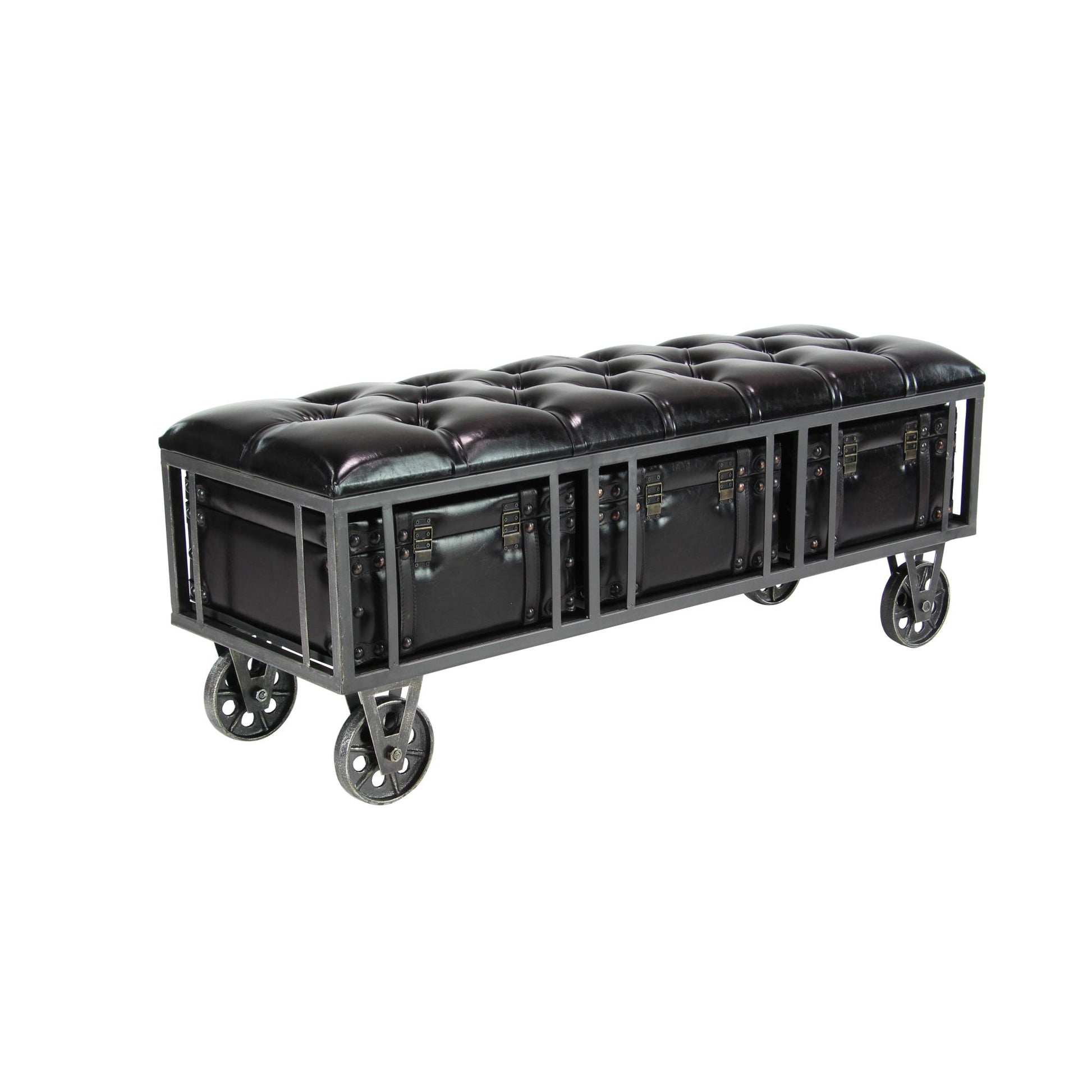 Black Faux Leather Tufted Upholstered 3 Trunk Room Storage Bench with Wheels