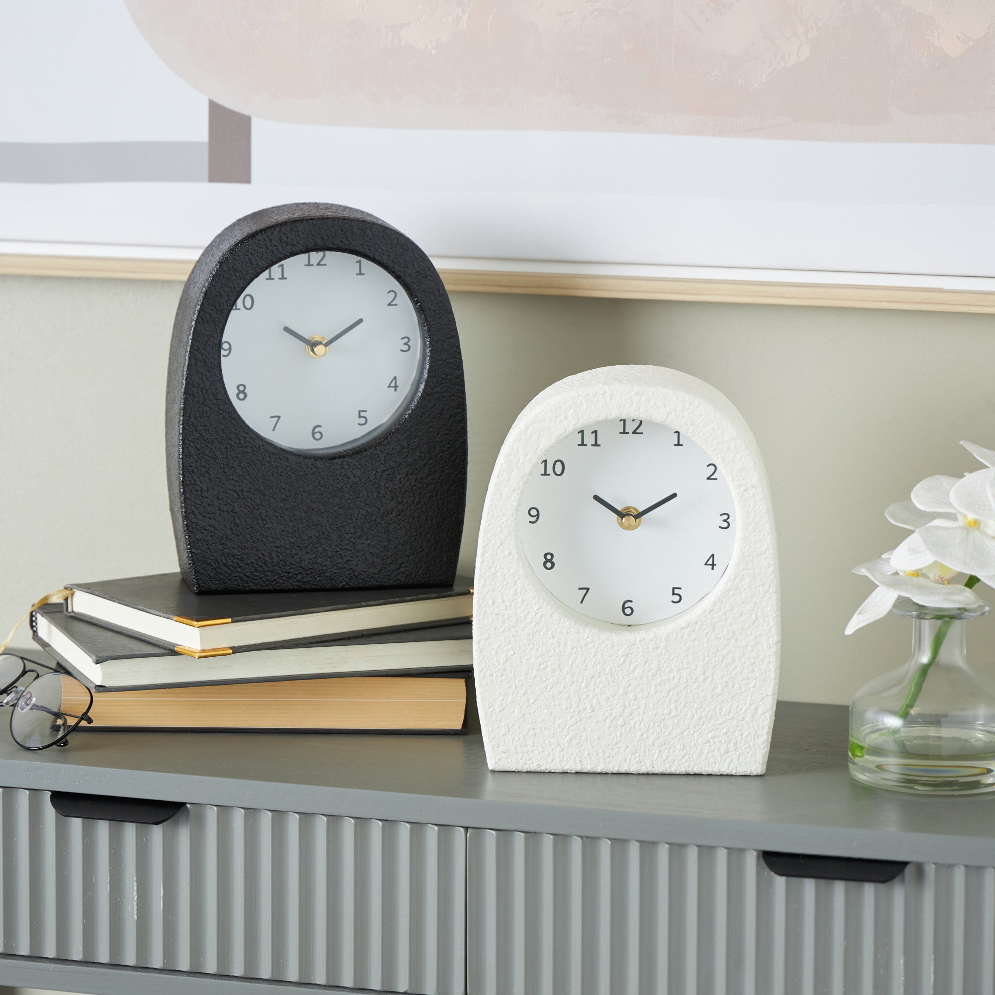 Set of 2 Multi Colored Wood Textured Decorative Clock with Gold Accents