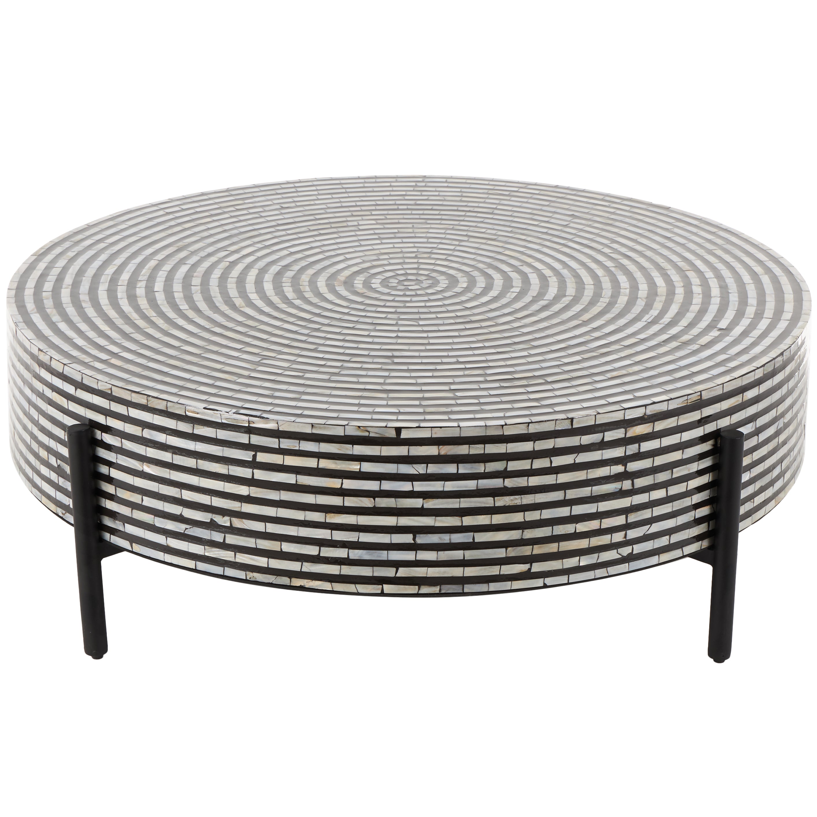 Geometric Mother of Pearl Shell Handmade Mosaic Inlay Living Room Coffee Table with Black Metal Legs 38" x 38" x 12"