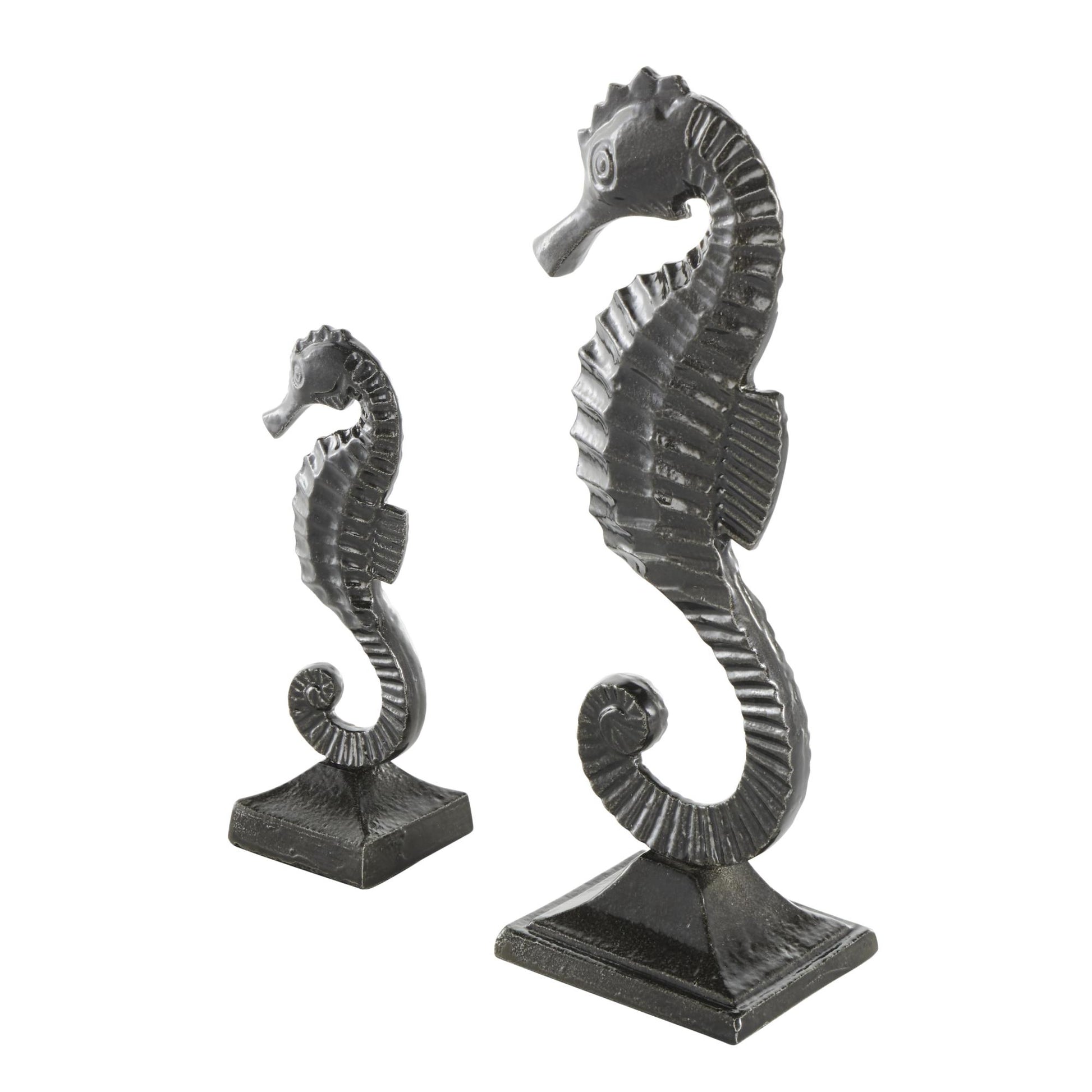Set of 2 Sea Horse Black Aluminum Metal Decorative Sculpture with Square Bases