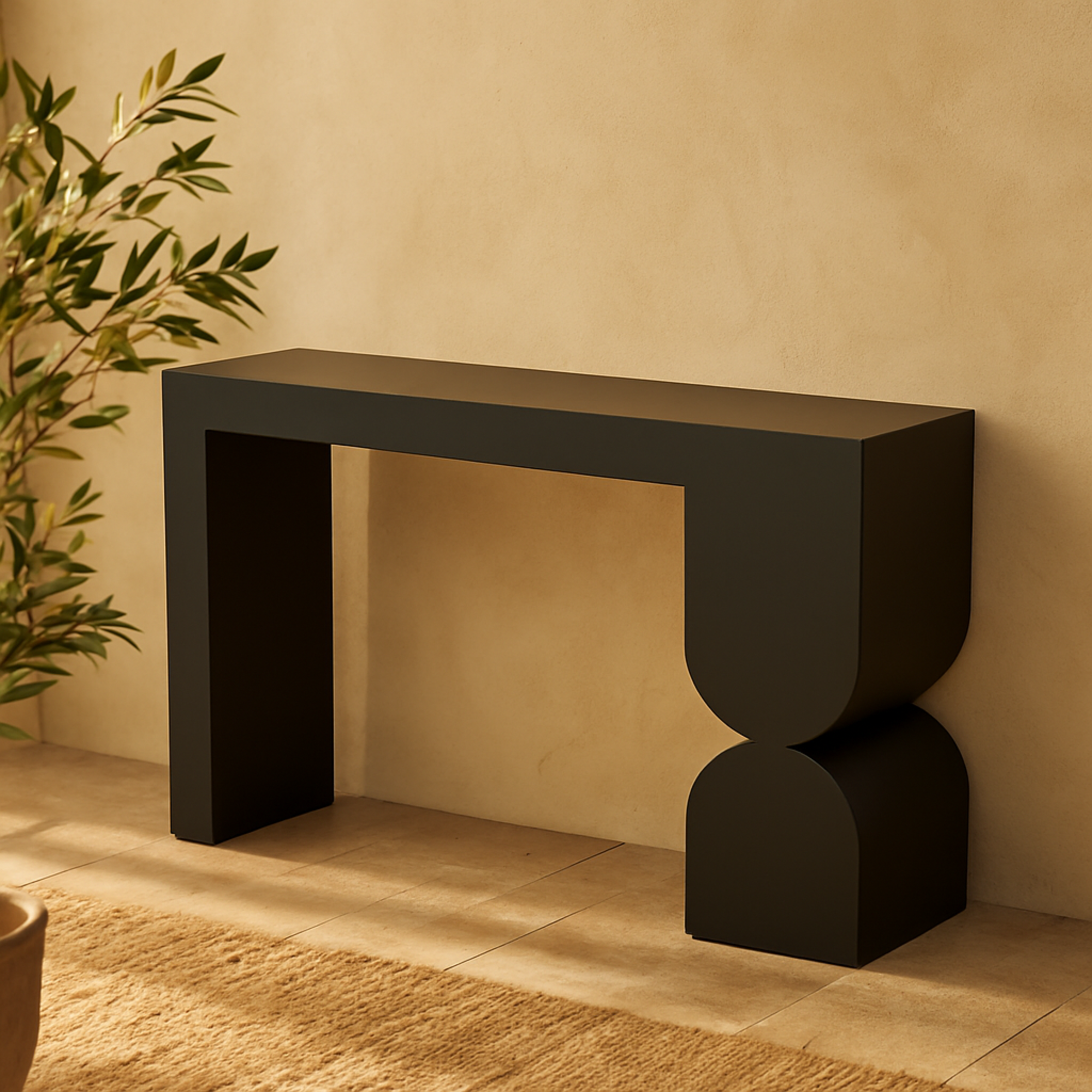 Geometric Black Metal Rectangular Living Room Console Table with Stacked Arched Table Leg
