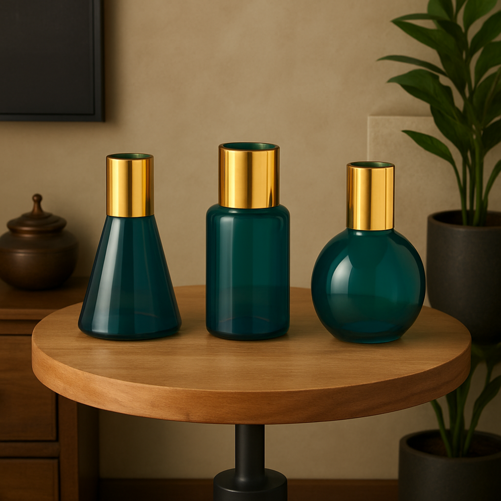 Set of 3 Geometric Glass Tinted Decorative Vase with Gold Rim and Varying Shapes