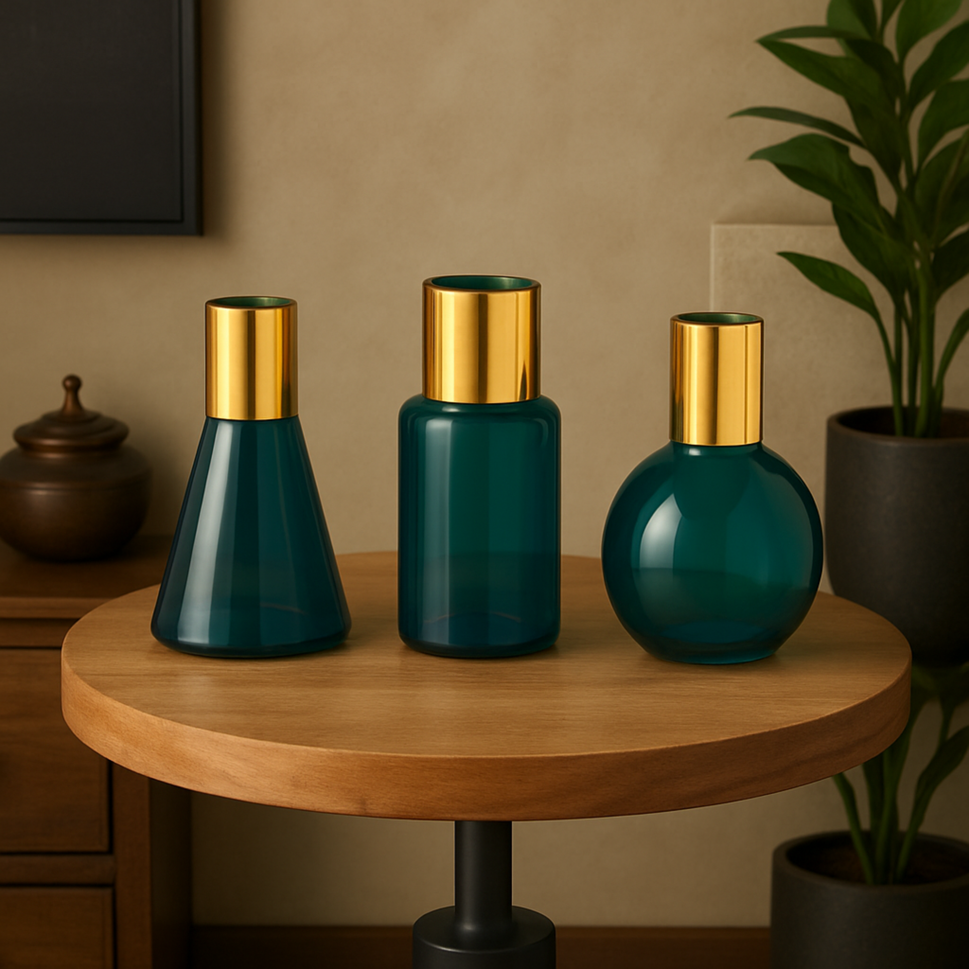 Set of 3 Geometric Glass Tinted Decorative Vase with Gold Rim and Varying Shapes
