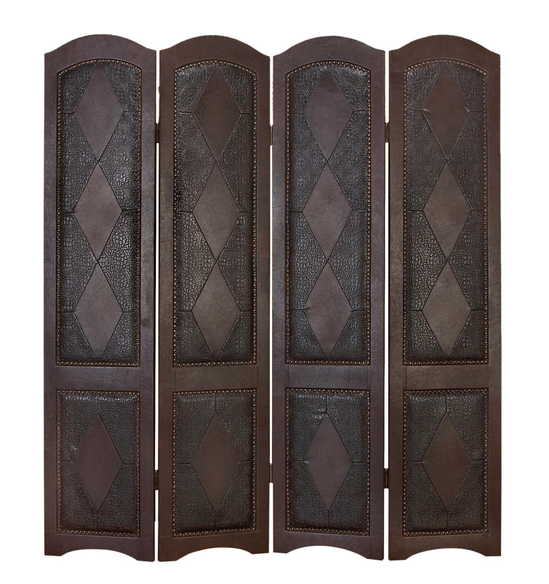 Scroll Brown Faux Leather Foldable Partition 4 Panel Partition Room Divider Screen with Faux Leather Detailing