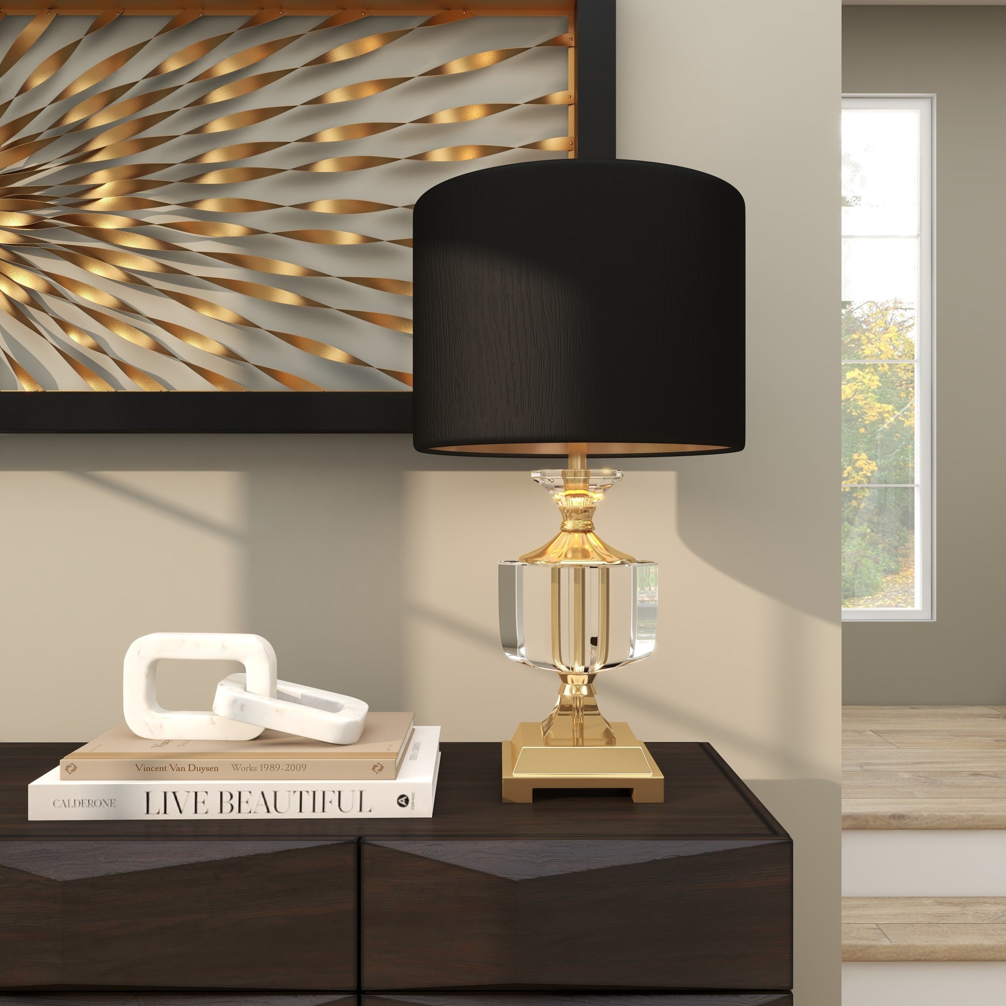 Black Crystal Room Table Lamp with Gold Accents