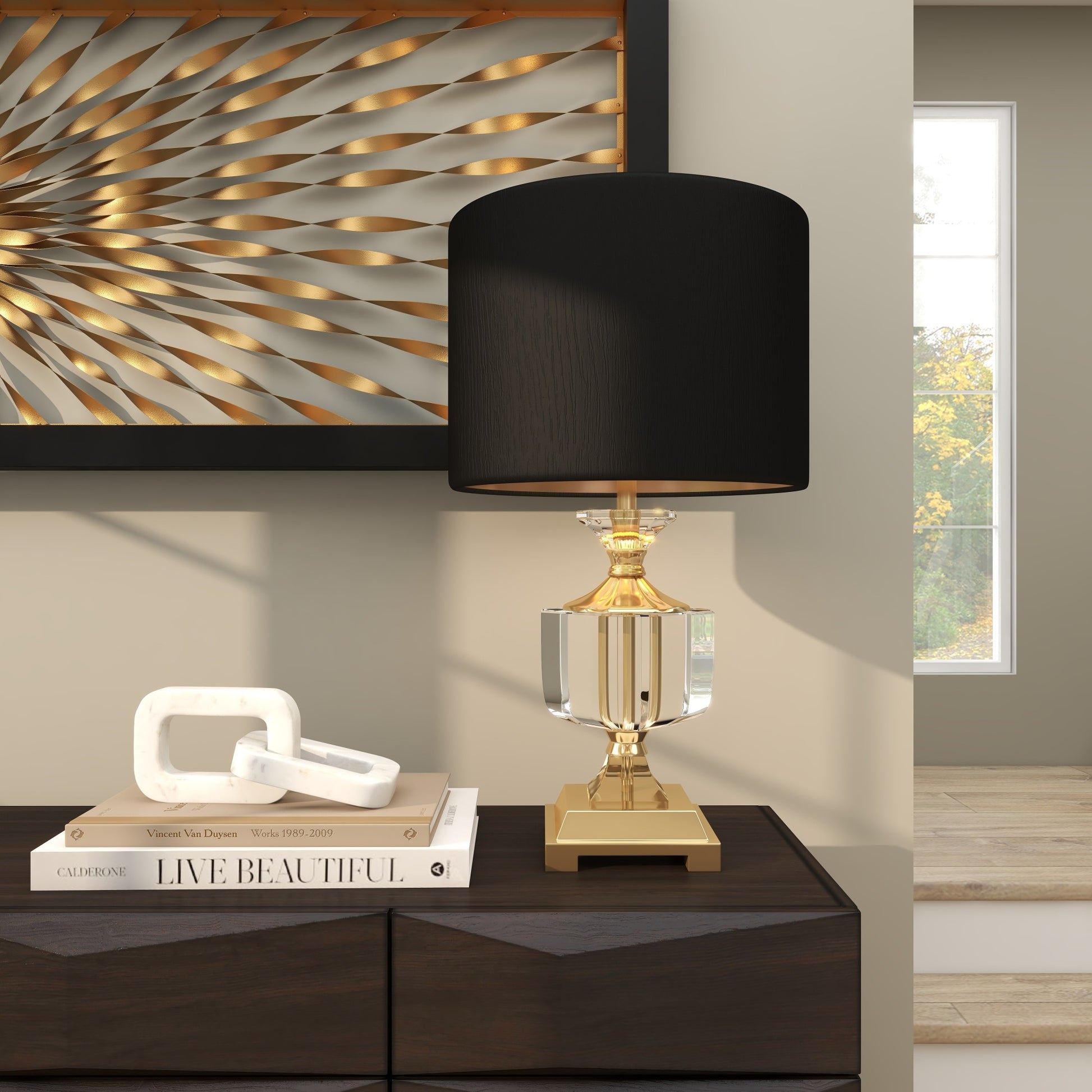 Black Crystal Room Table Lamp with Gold Accents