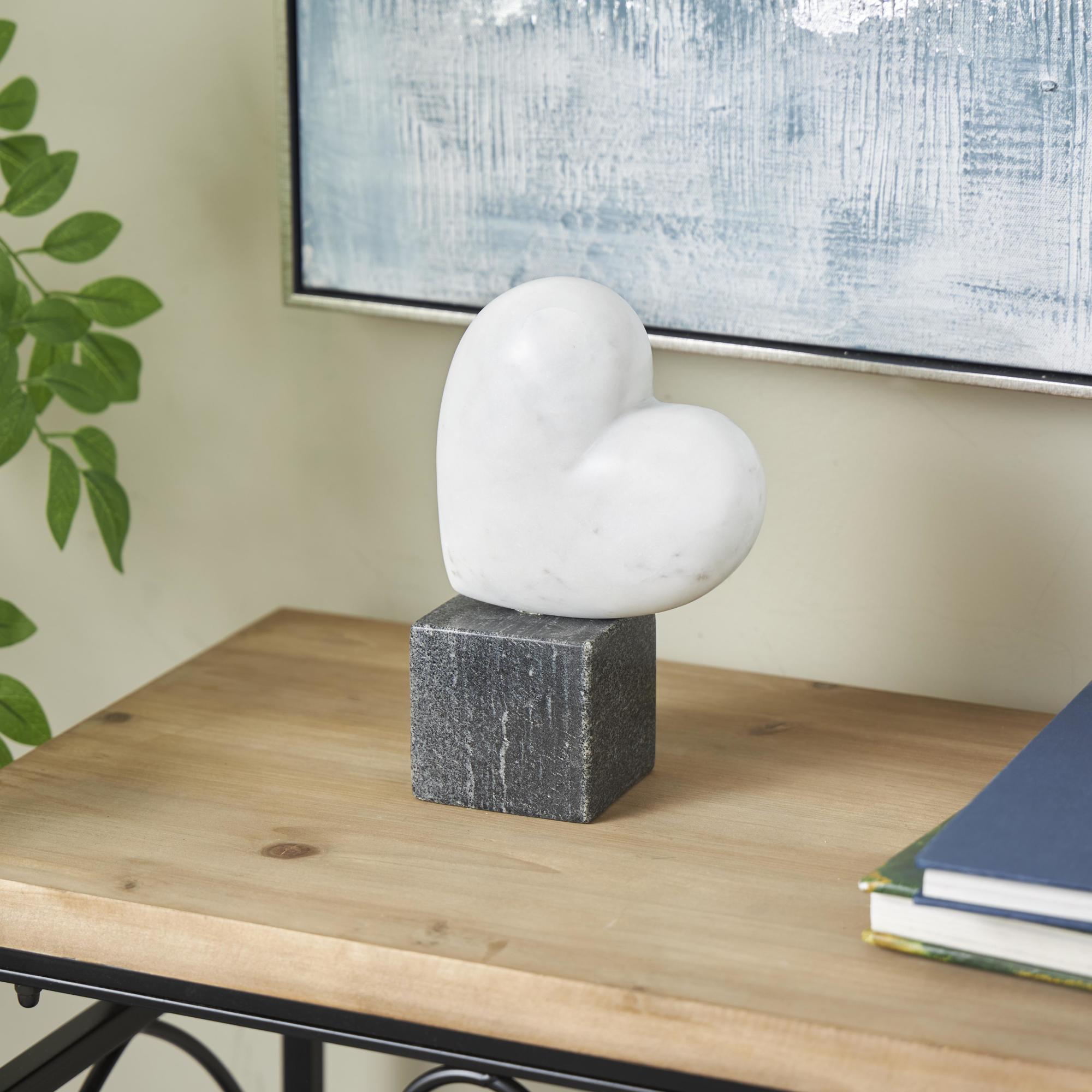 Heart White Marble Slanted Decorative Sculpture with Black Block Base