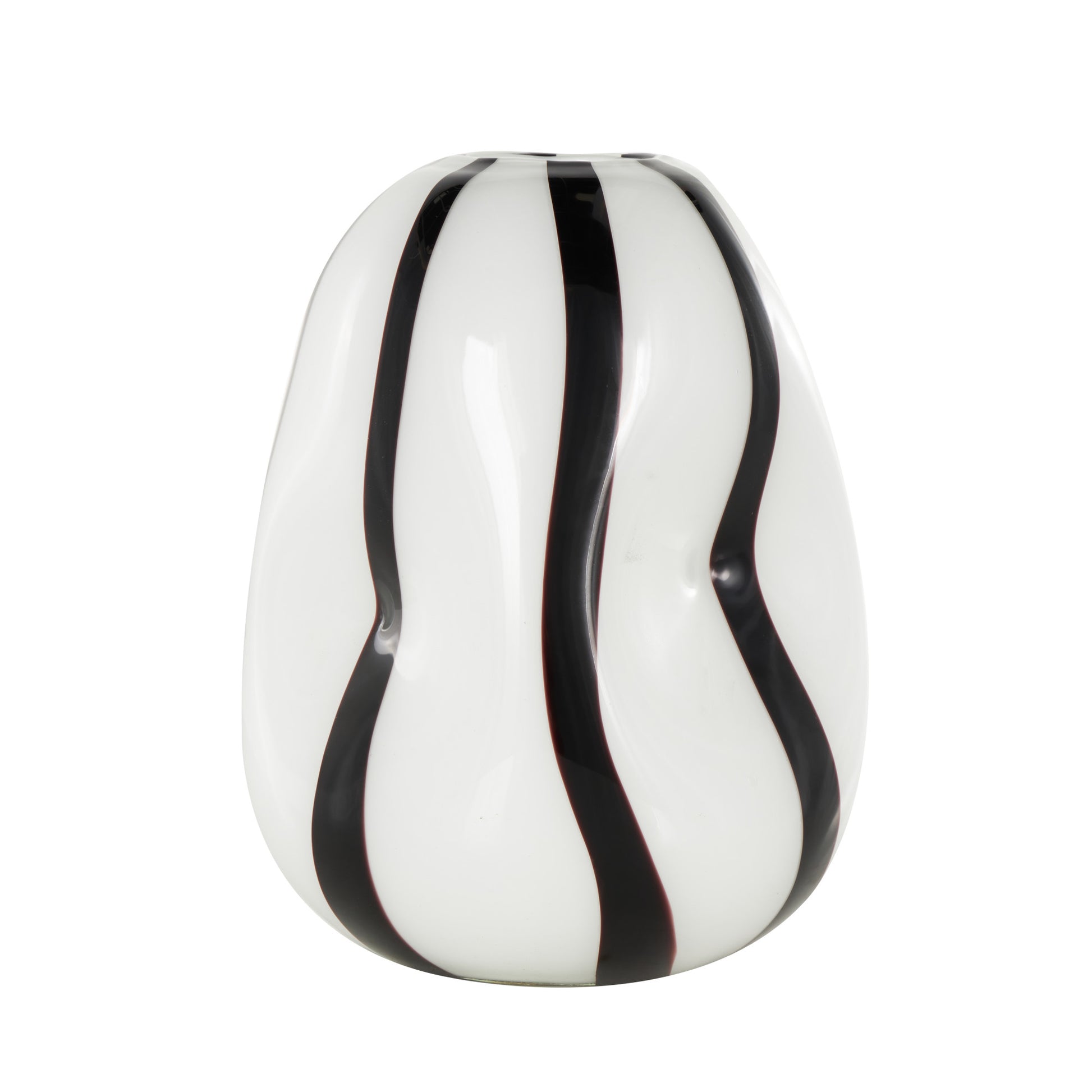 White Glass Concaved Round Decorative Vase with Black Stripes