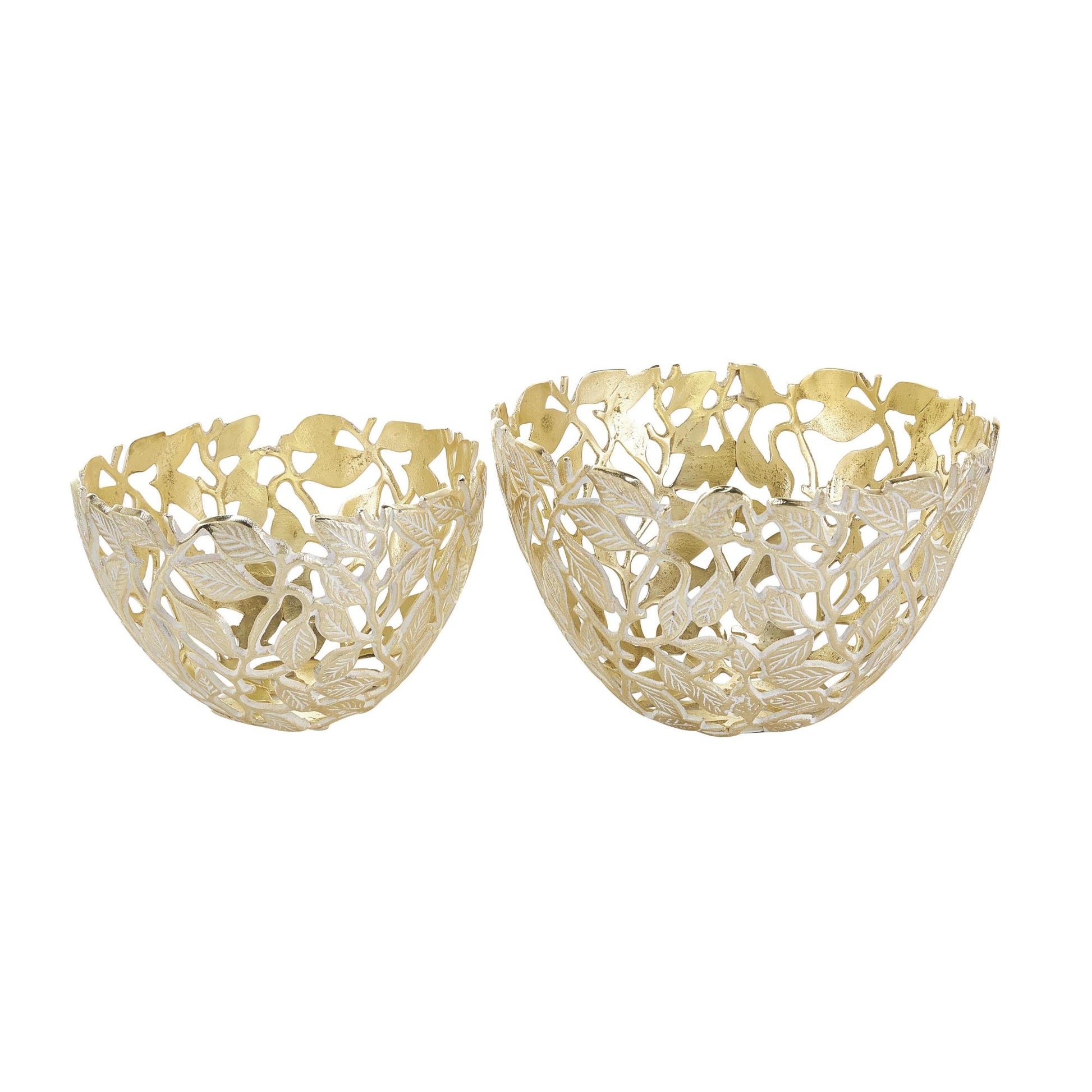 Set of 2 Leaf Gold Aluminum Metal Large Decorative Bowl with White Detailing