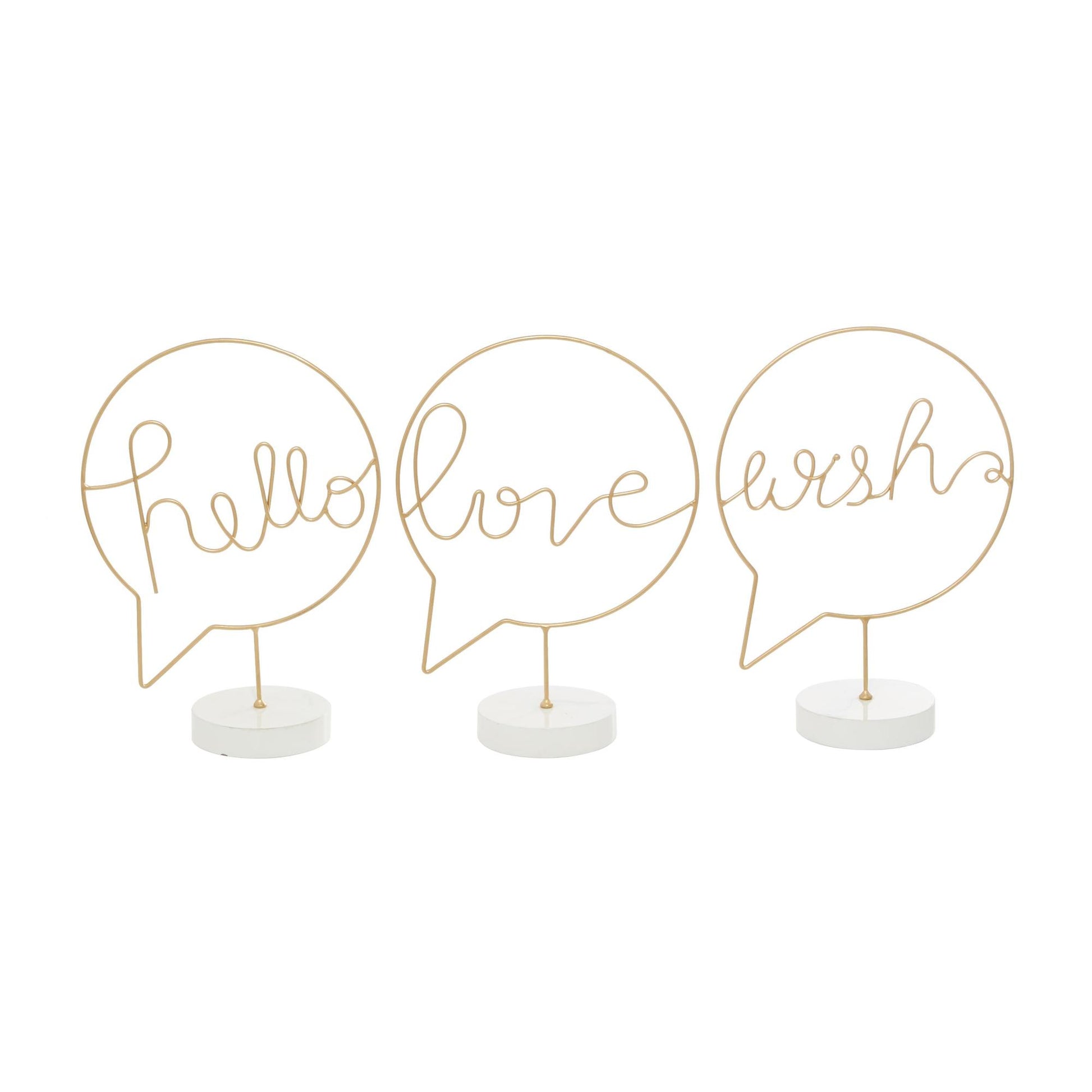 Set of 3 Sign Gold Wooden Hello, Love, Wish Home Decorative Sign with Text Bubble Design