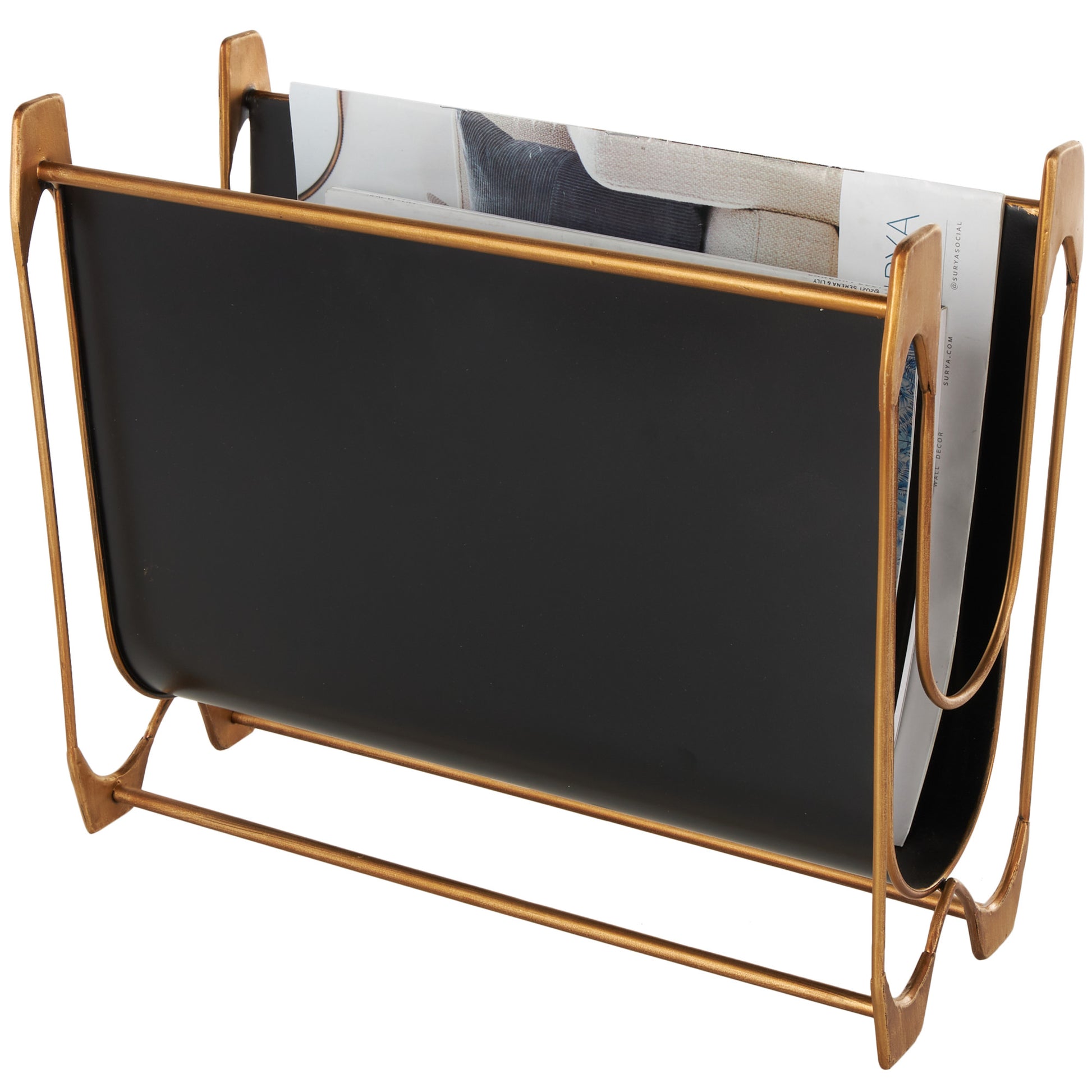 Black Metal Curved Decorative Magazine Holder with Brass Stand
