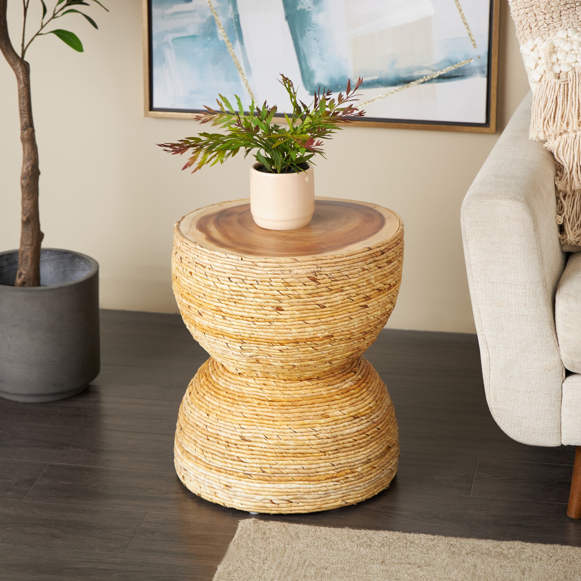 Light Brown Banana Leaf Handmade Woven Side End Accent Table with Wooden Tabletop