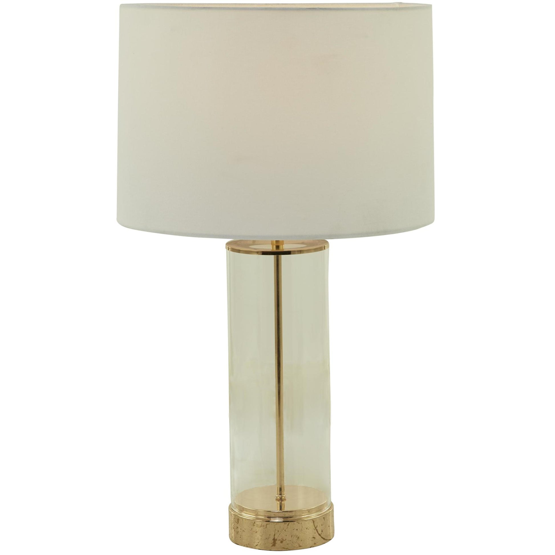 CosmoLiving by Cosmopolitan Gold Tempered Glass Transparent Base Room Table Lamp with Drum Shade