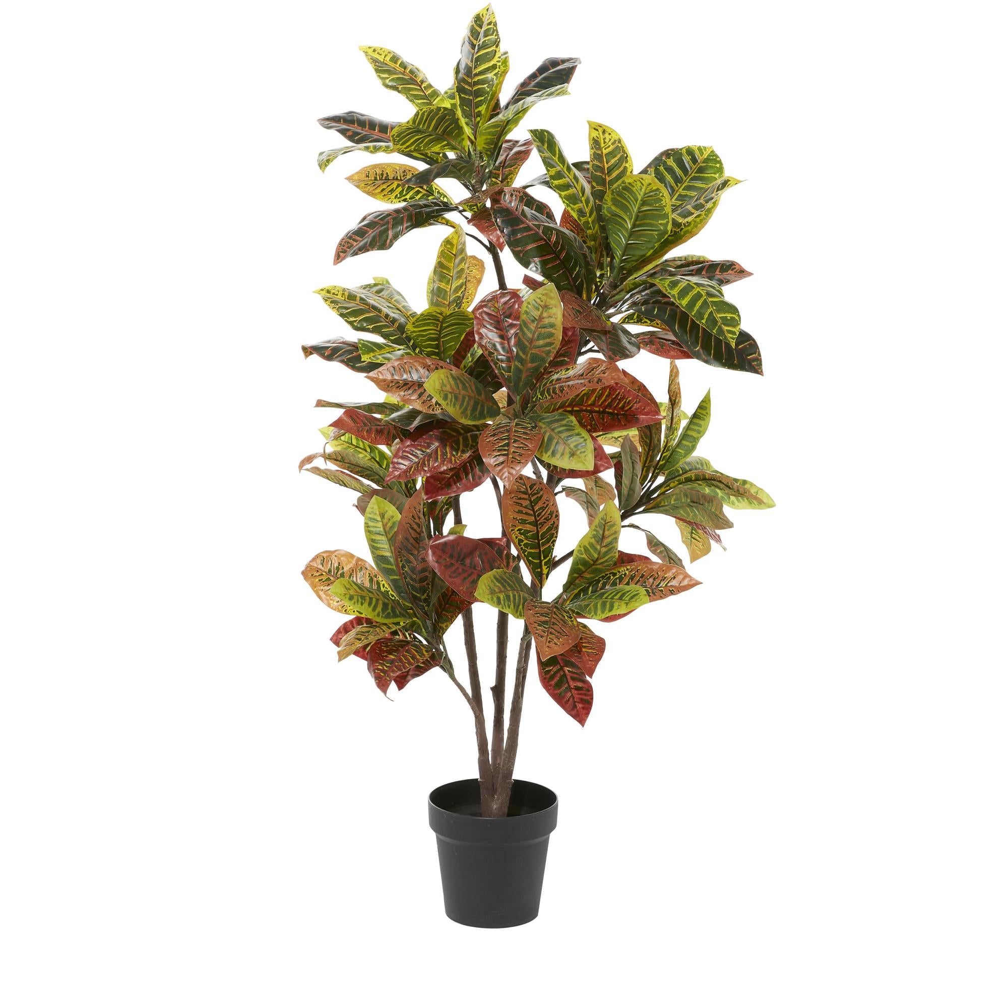Croton Green Faux Foliage Indoor Outdoor Artificial Plant with Realistic Leaves and Black Plastic Pot
