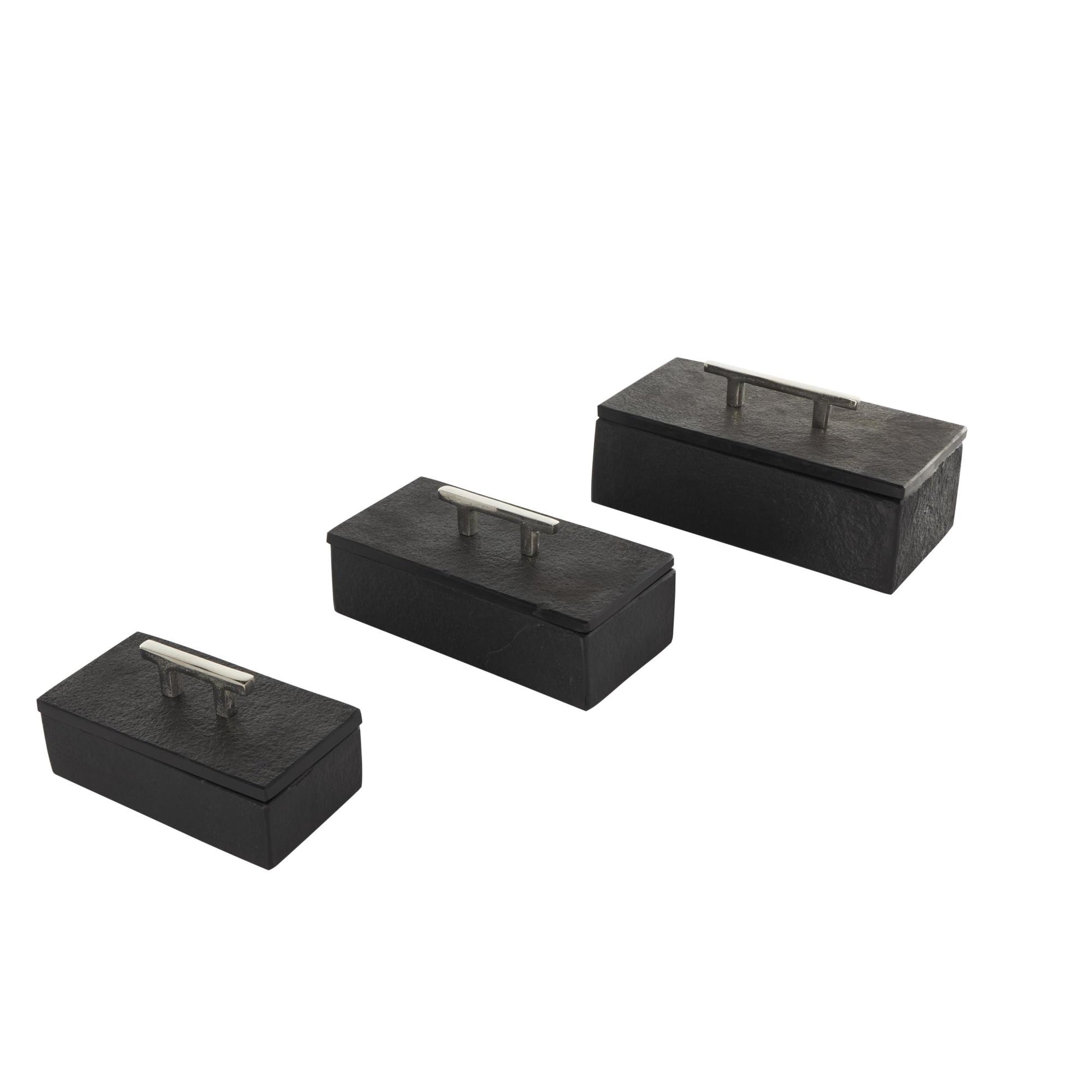 Set of 3 Marble Decorative Box with Aluminum Bar Handles Set of 3 12", 10", 8"W