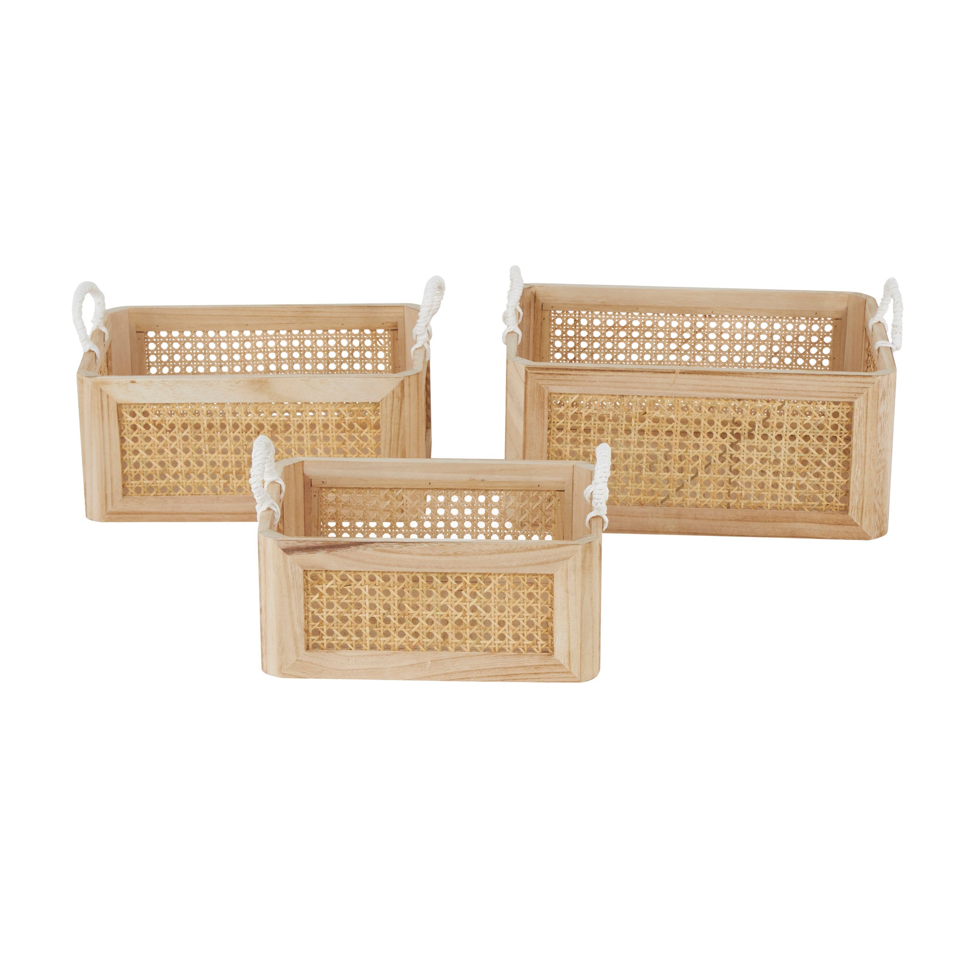 Set of 3 Brown Rattan Woven Decorative and Functional Storage Basket with Rope Handles