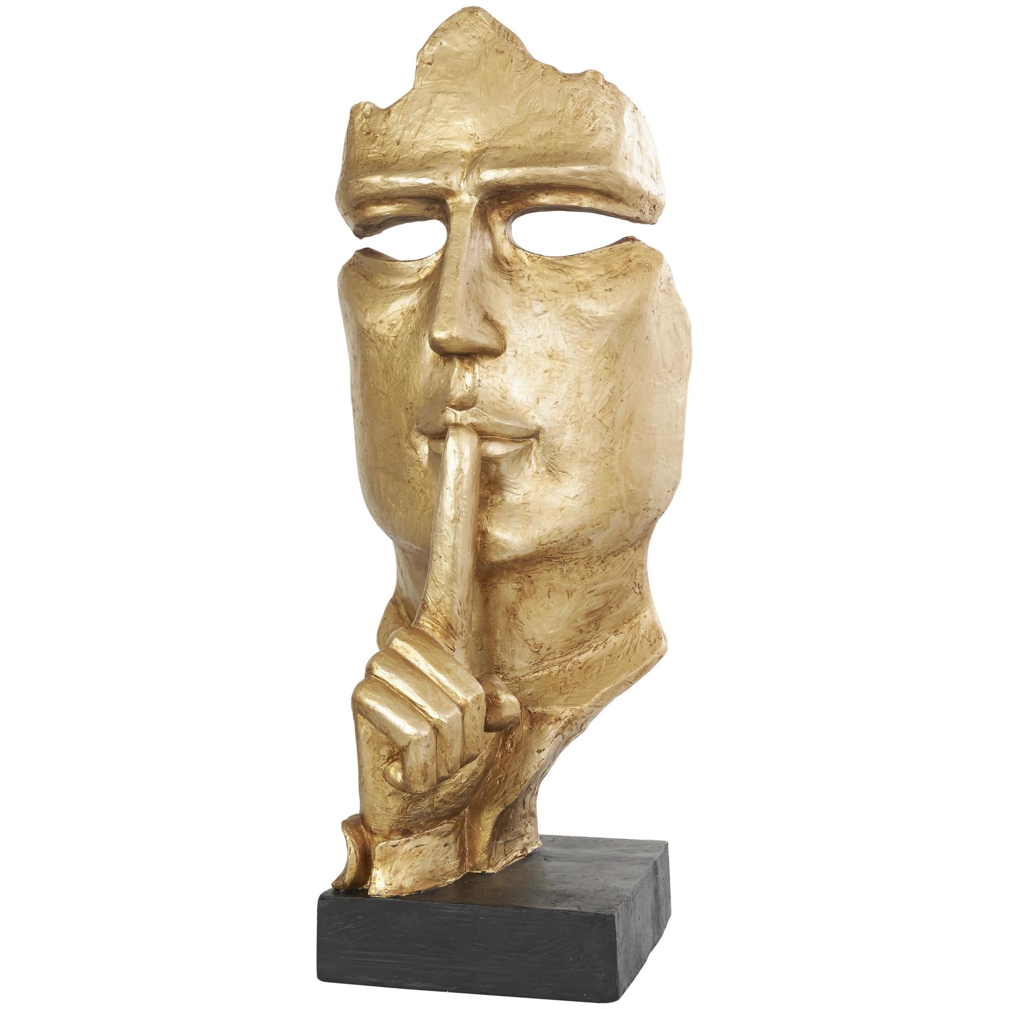 People Gold Polystone Large Cutout Quiet Gesture Face Decorative Sculpture with Black Base