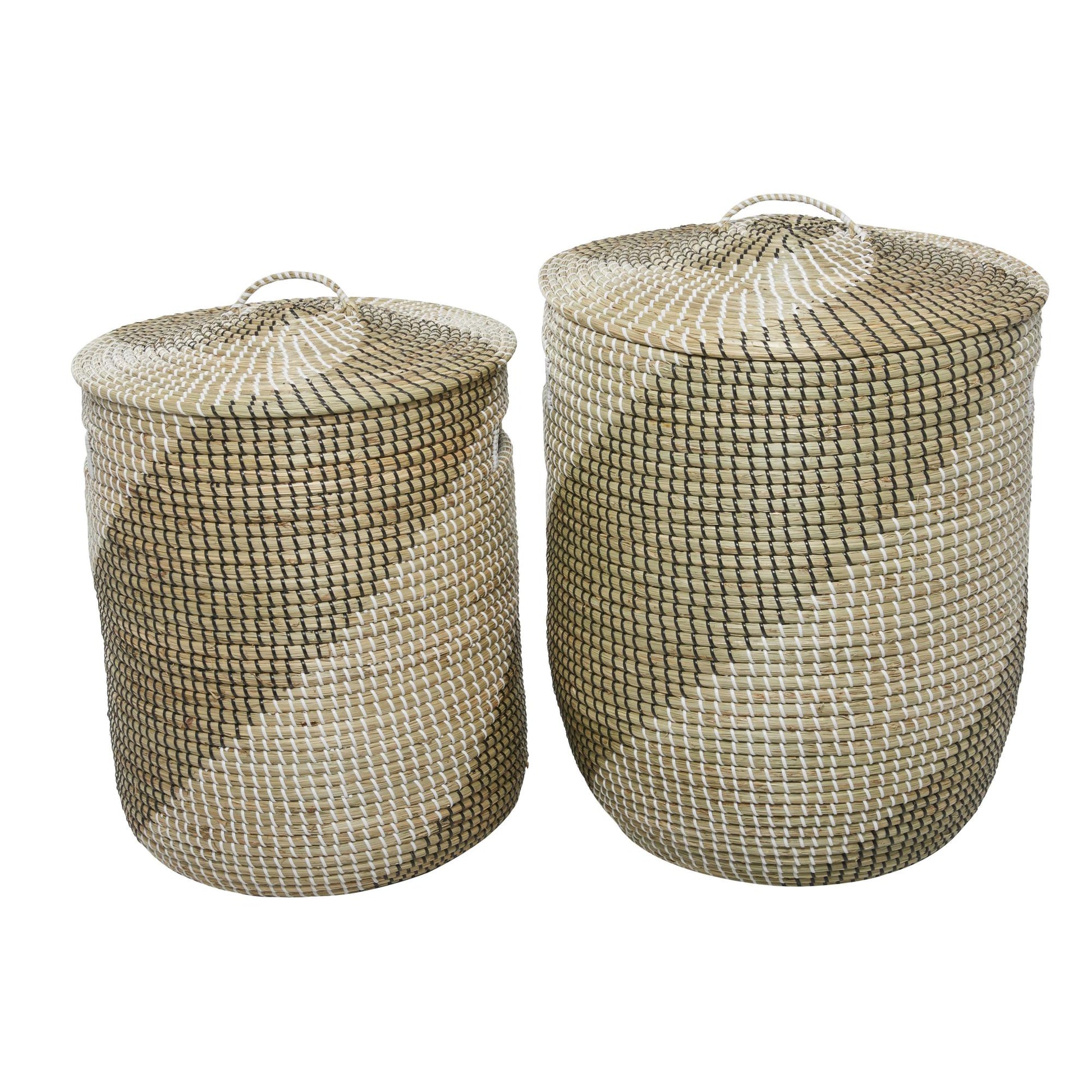Set of 2 Brown Seagrass Handmade Two Toned Decorative and Functional Storage Basket with Matching Lids