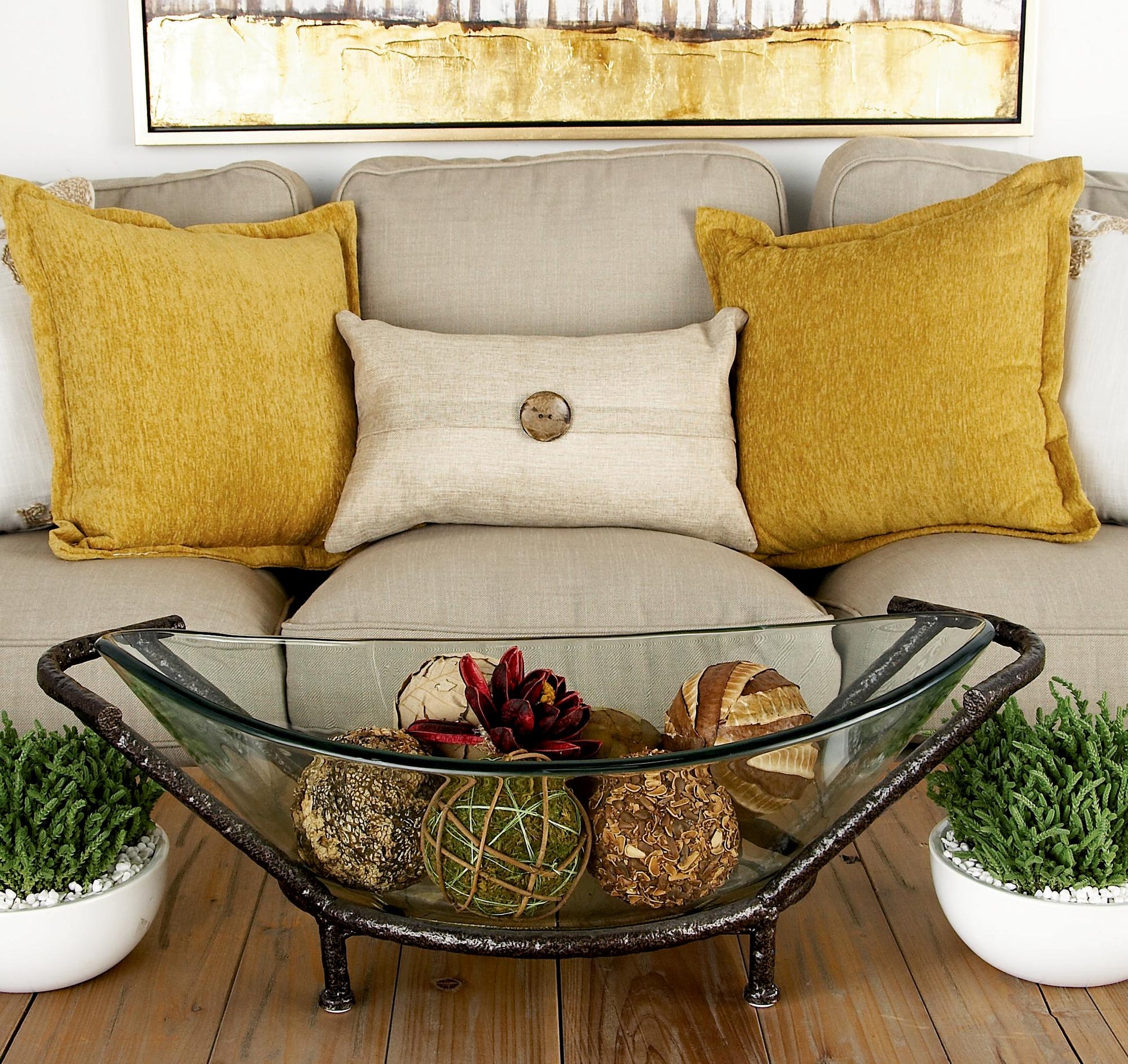 Kitchen Clear Tempered Glass Decorative Serving Bowl with Brown Metal Base