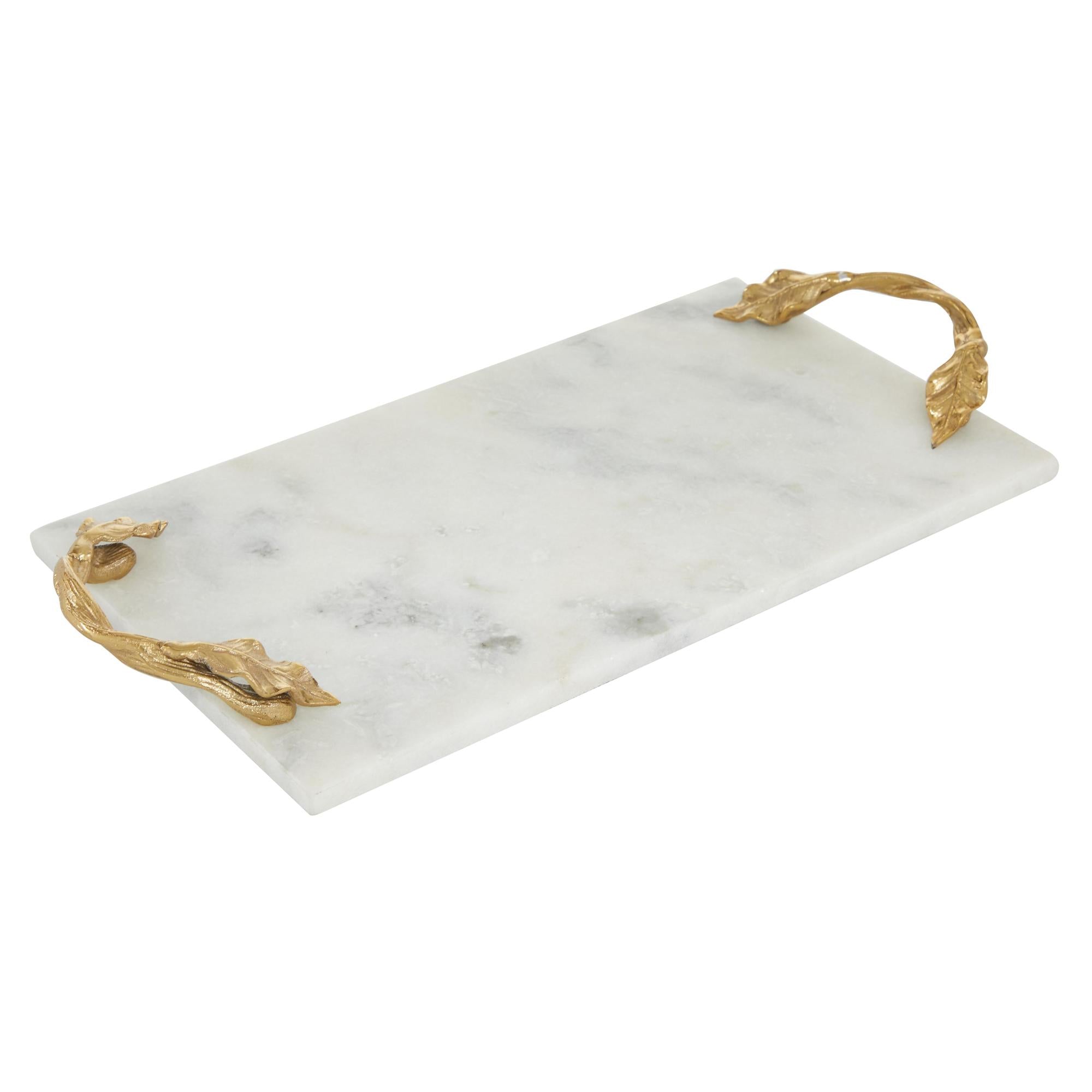Marble Rectangle Living Room Decor Tray with Gold Twisted Leaf Handles 21" x 10" x 2"