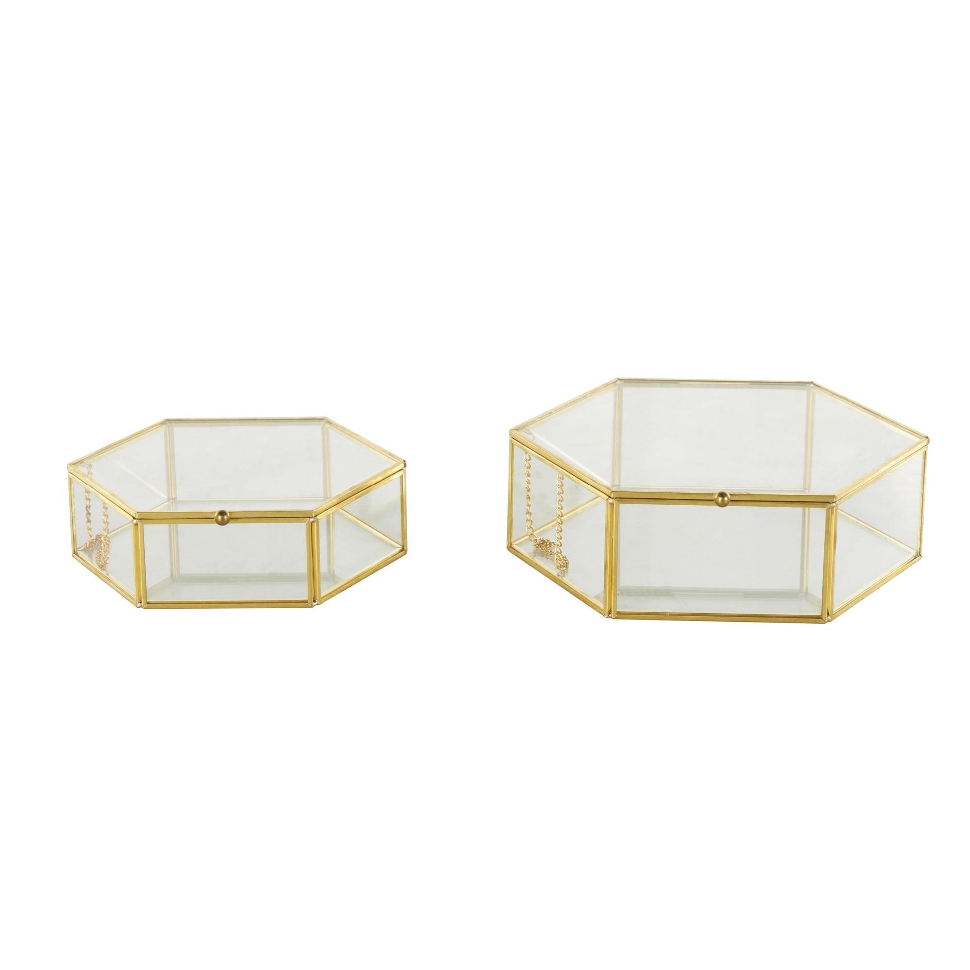 Set of 2 Geometric Clear Glass Hexagon Decorative Jewelry Box with Gold Metal Frame and Chain Accent