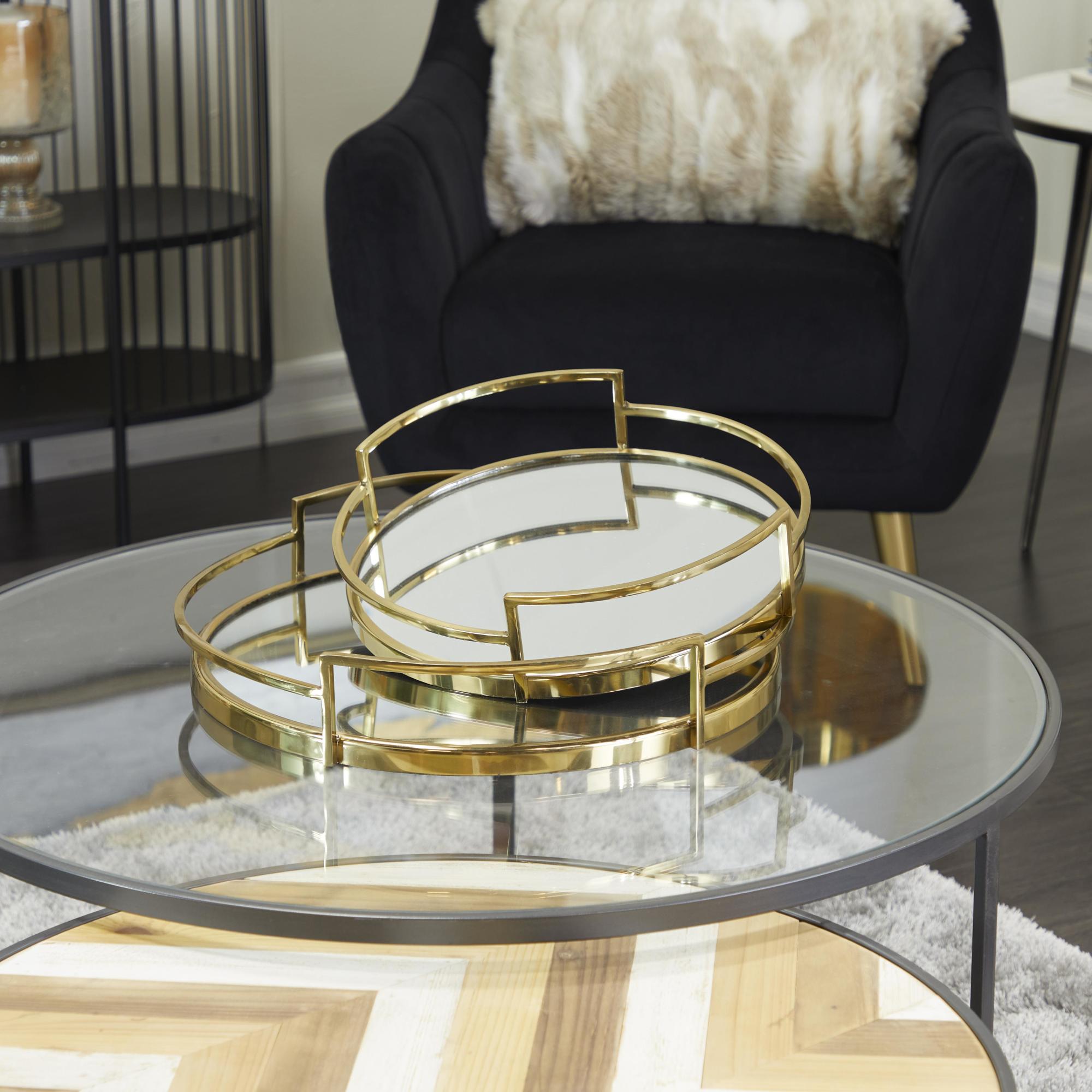 Set of 2 Stainless Steel Metal Round Mirrored Living Room Decor Tray with Elevated Rim and Handles