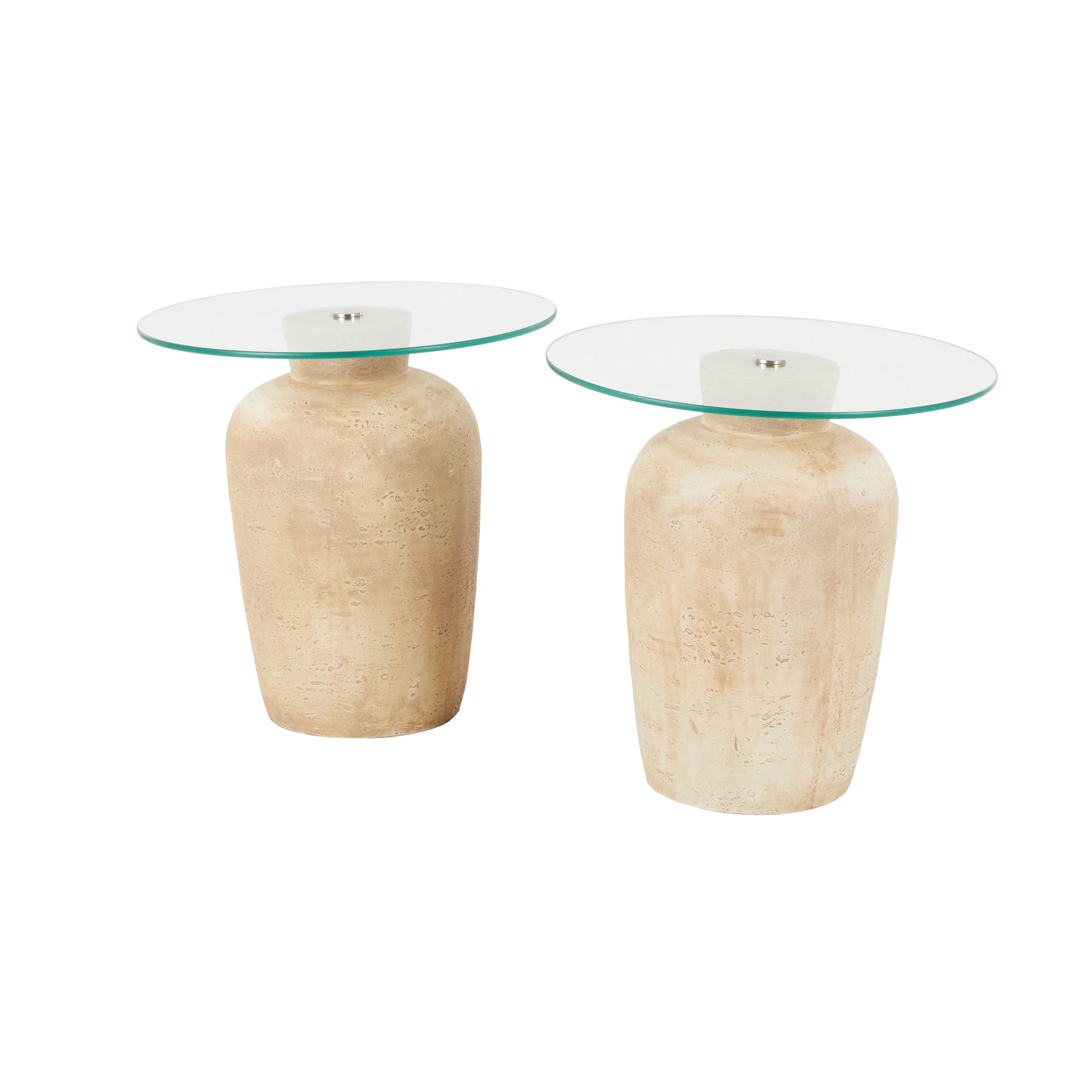 Set of 2 Beige Magnesium Oxide Side End Accent Table with Tempered Glass Tabletop