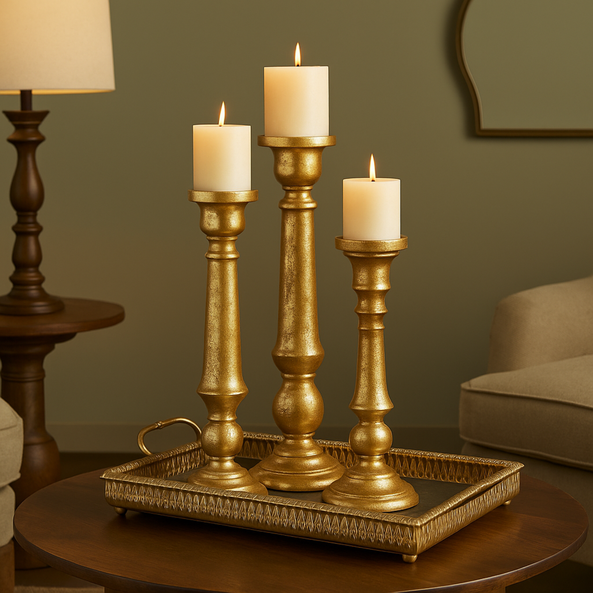 Set of 3 Gold Mango Wood Decorative Candle Holder