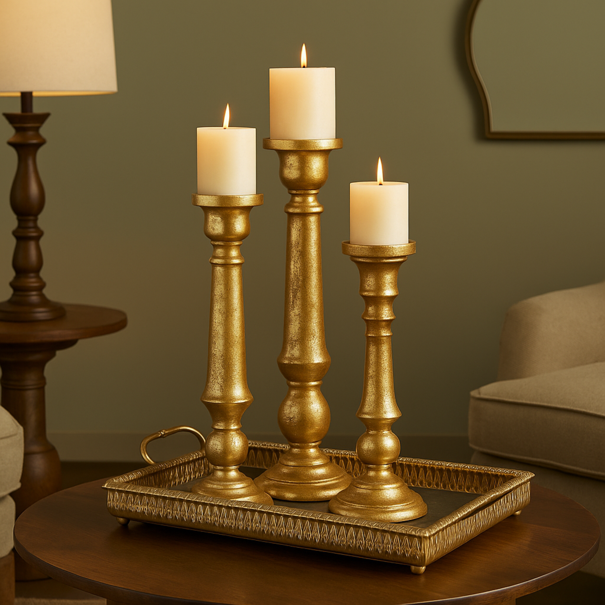 Set of 3 Gold Mango Wood Decorative Candle Holder