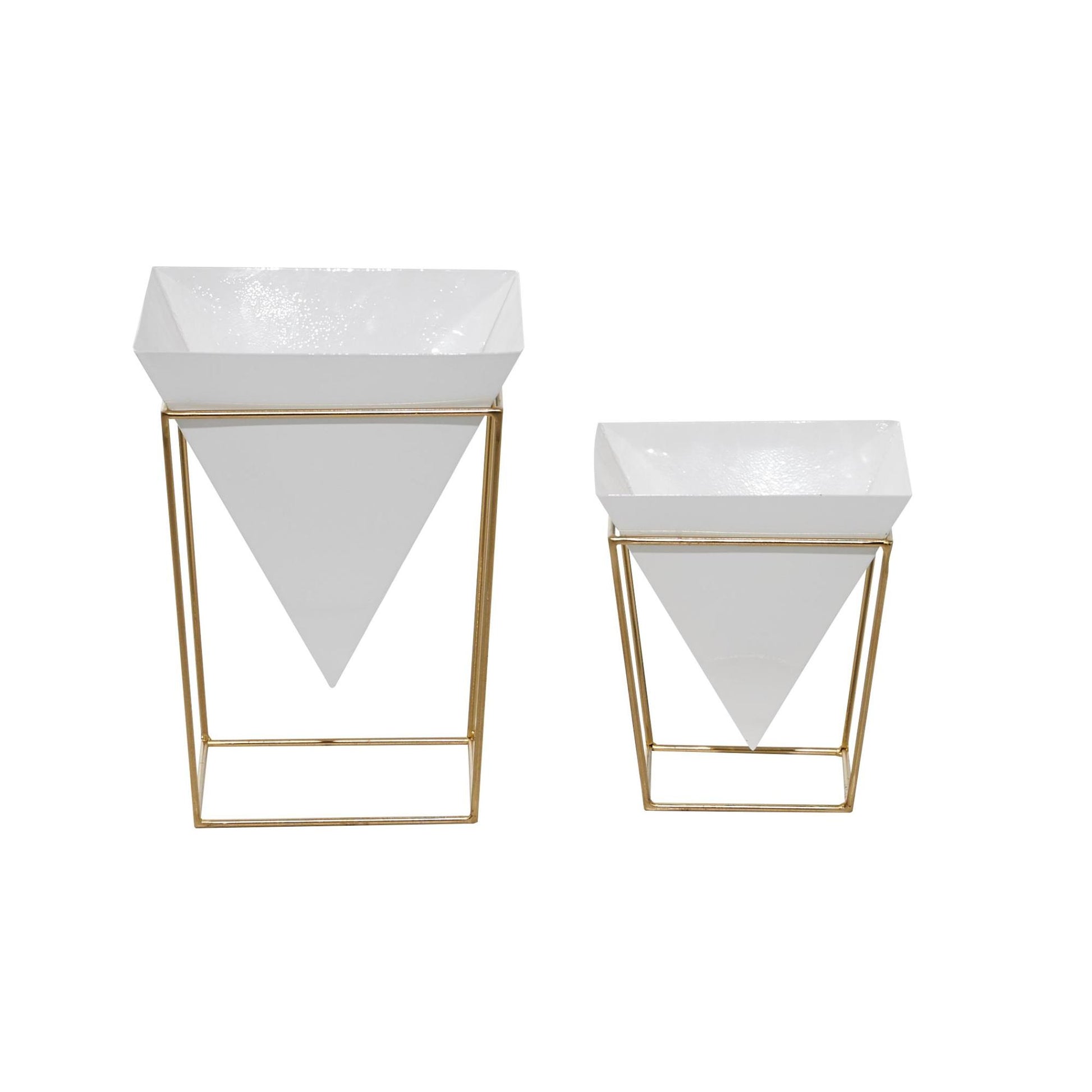 CosmoLiving by Cosmopolitan Set of 2 White Metal Dome Indoor Outdoor Planter with Gold X-Shaped Stands