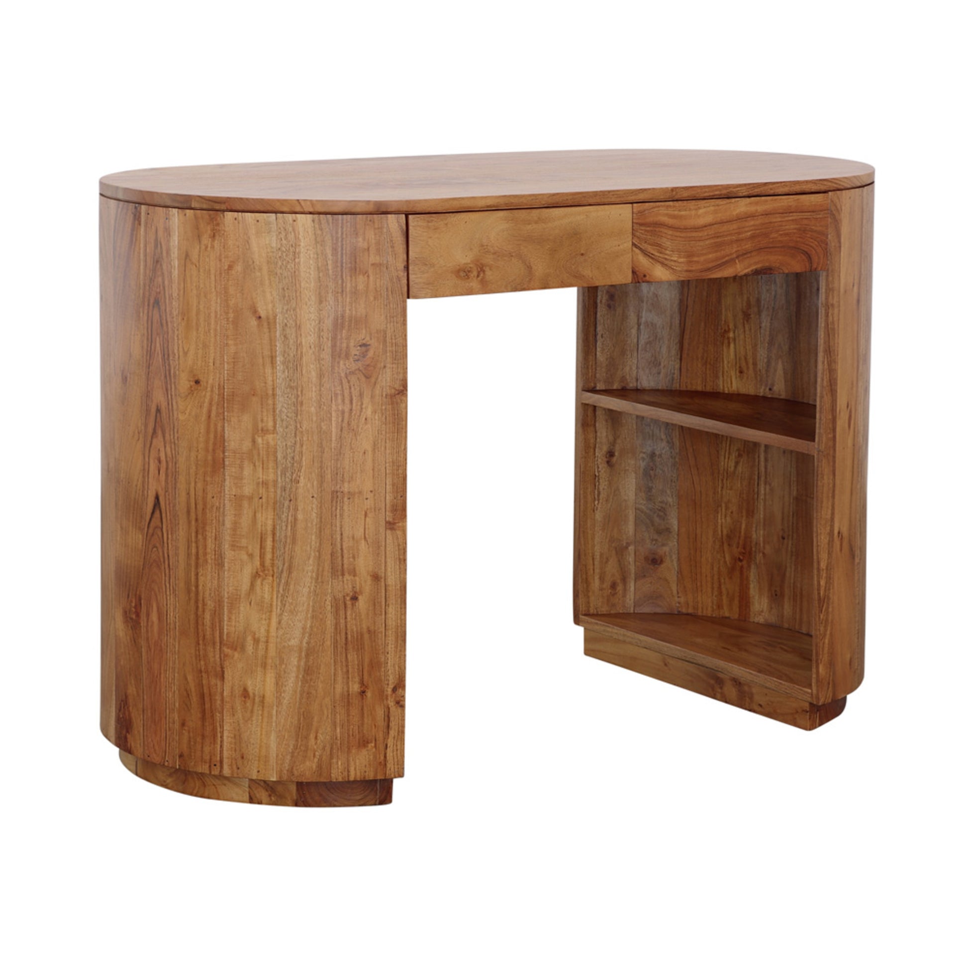 Brown Wood Oval 1 Drawer Living Room Desk with Hollow Curved Legs and Hidden Shelves