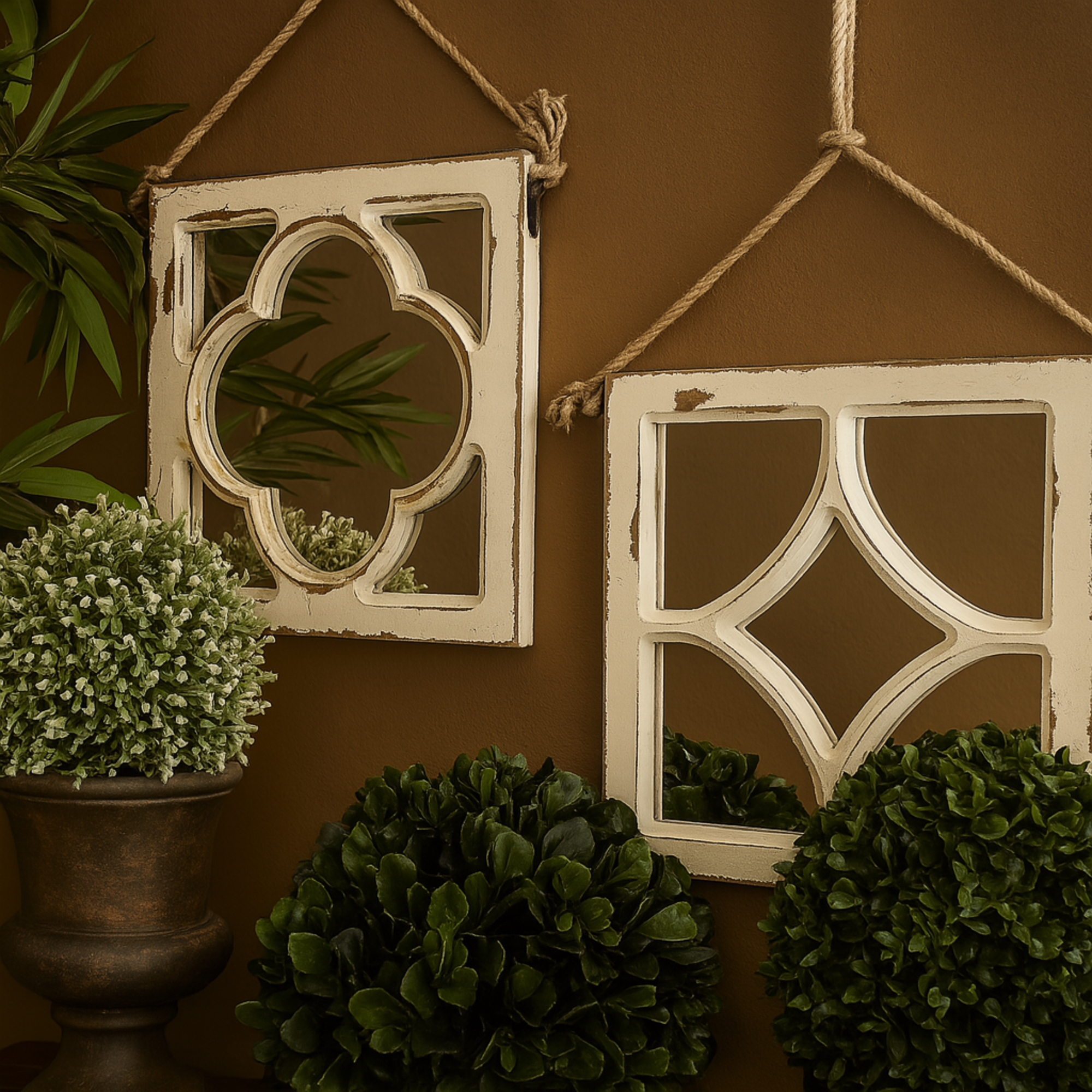 Set of 4 Geometric White Wood Distressed Small Square Room Wall Mirror with Jute Hanging Rope