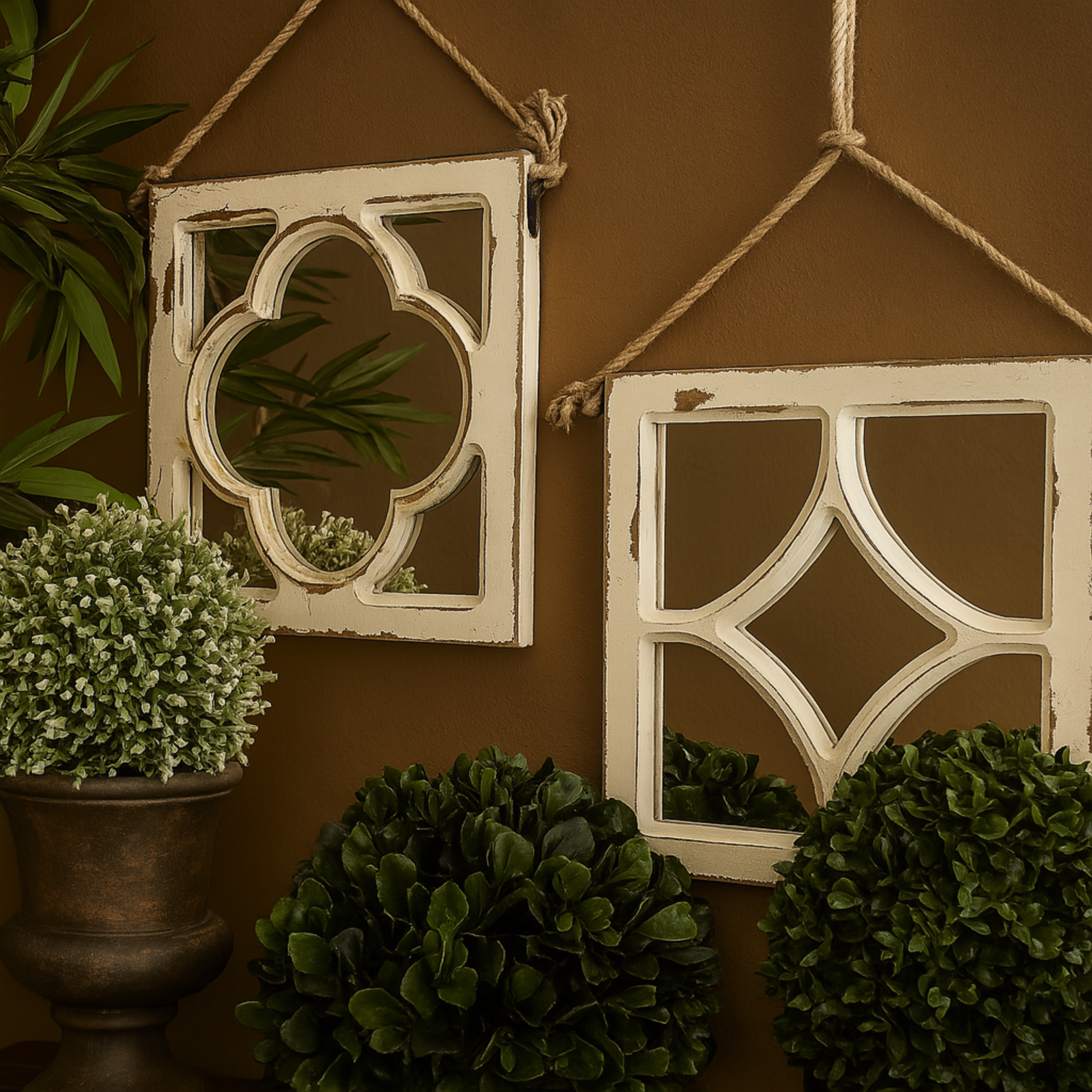 Set of 4 Geometric White Wood Distressed Small Square Room Wall Mirror with Jute Hanging Rope