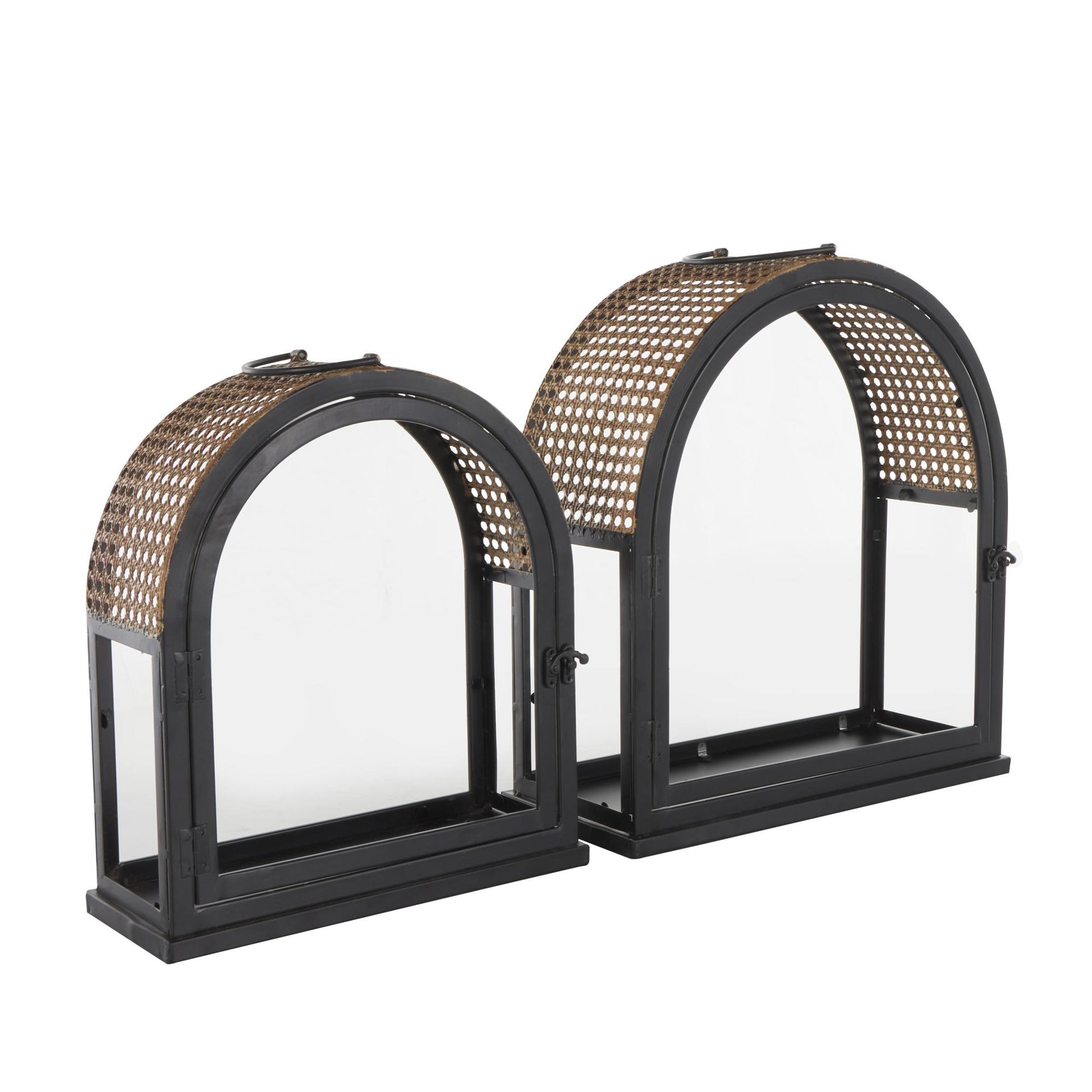 Set of 2 Black Metal Arched Indoor Outdoor Candle Lantern with Cane Inspired Gold Tops