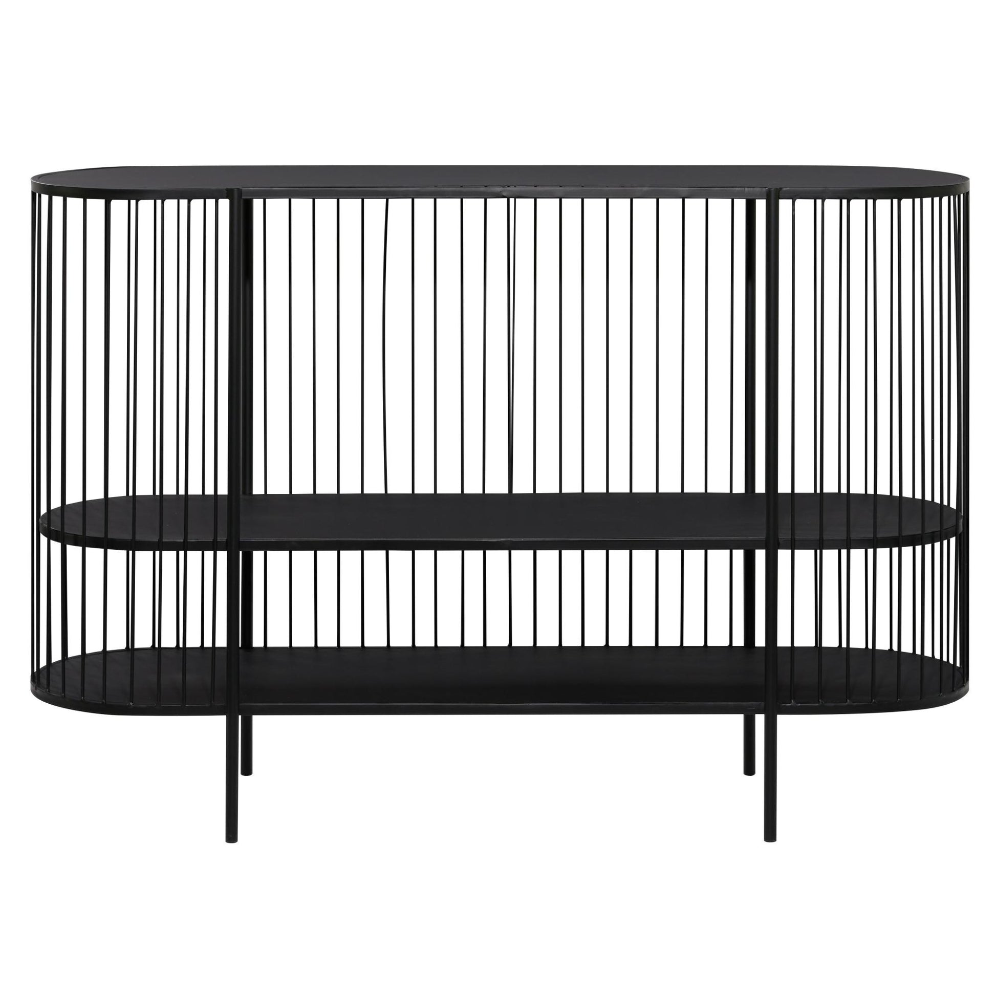 Black Metal Narrow Oval 2 Shelf Living Room Console Table with Open Wire Frame